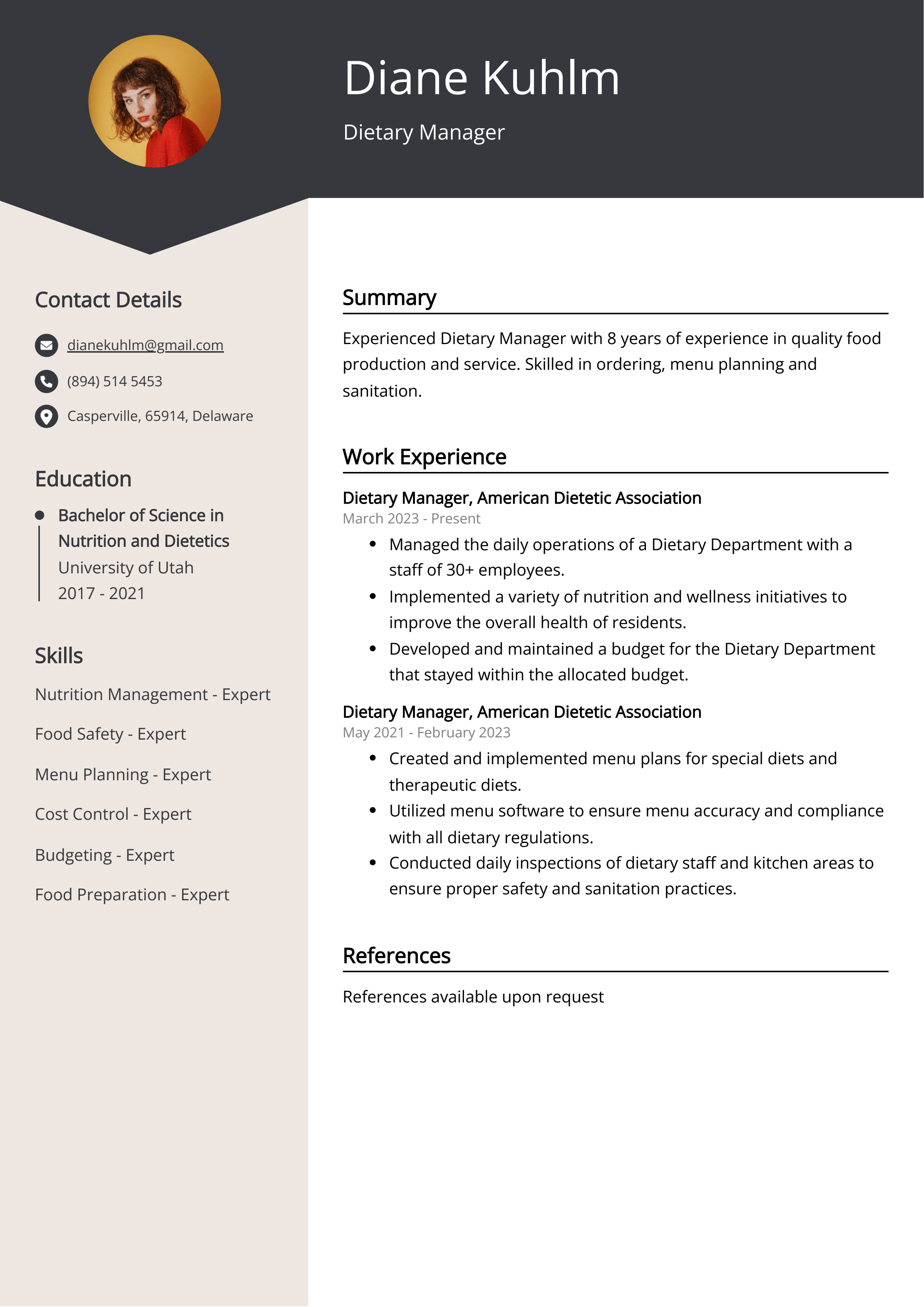 Dietary Manager CV Example