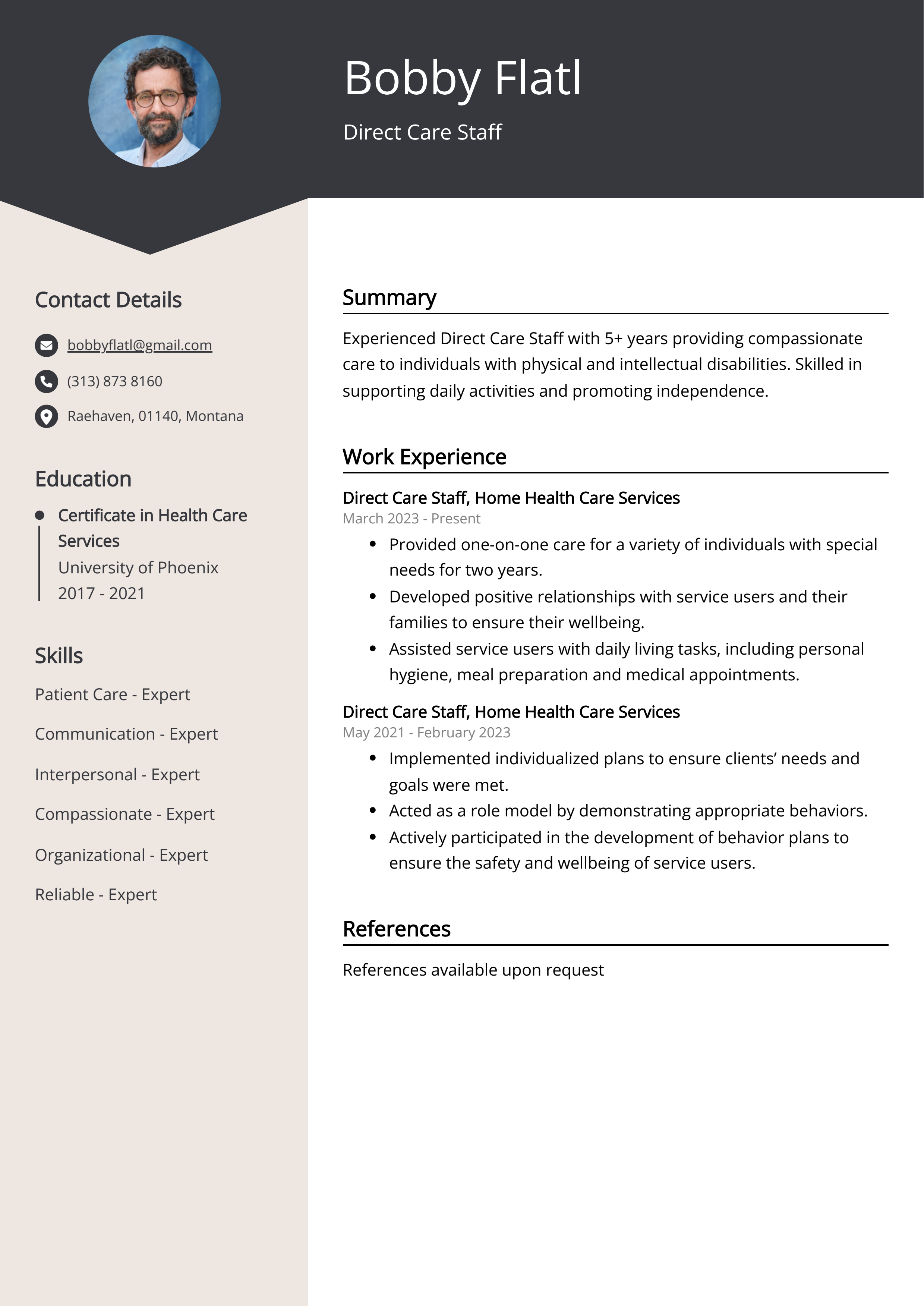 Direct Care Staff CV Example