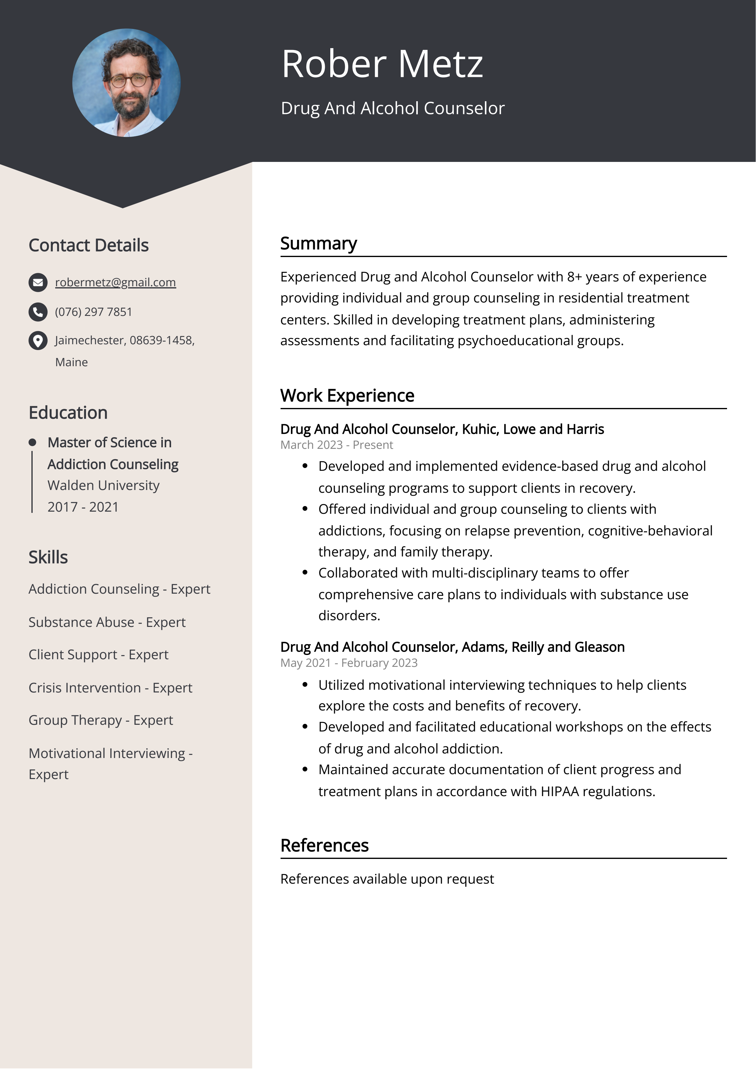 Drug And Alcohol Counselor CV Example