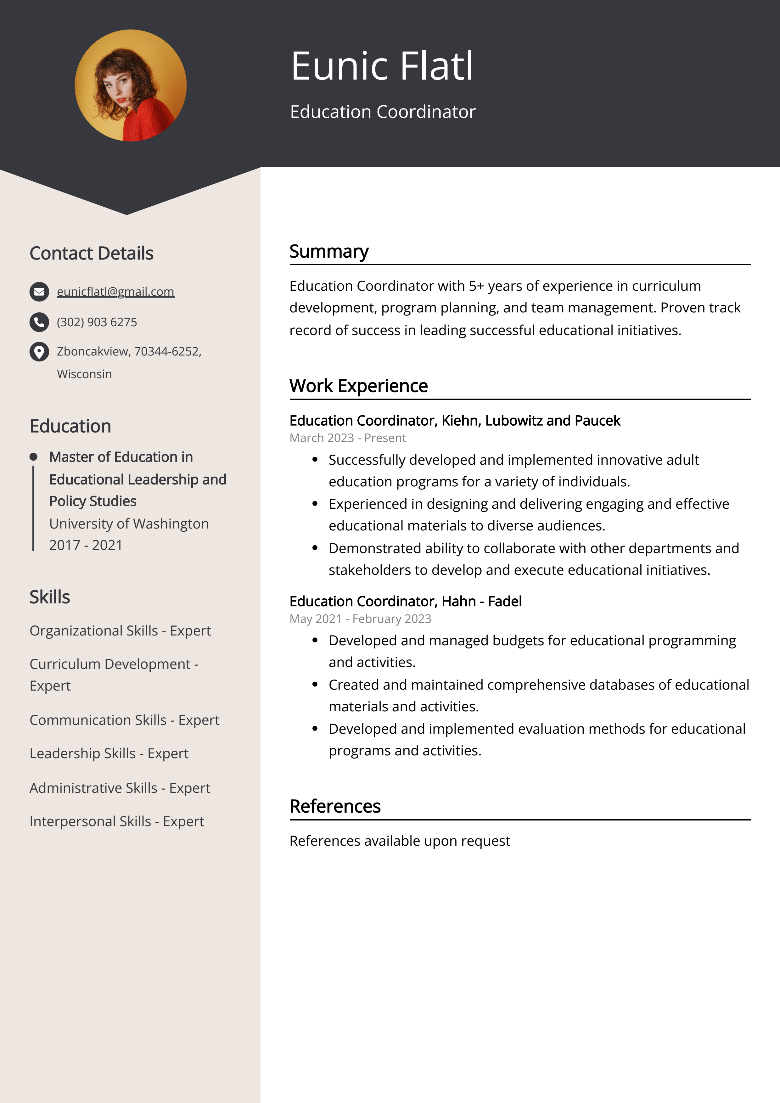 Education Coordinator CV Example