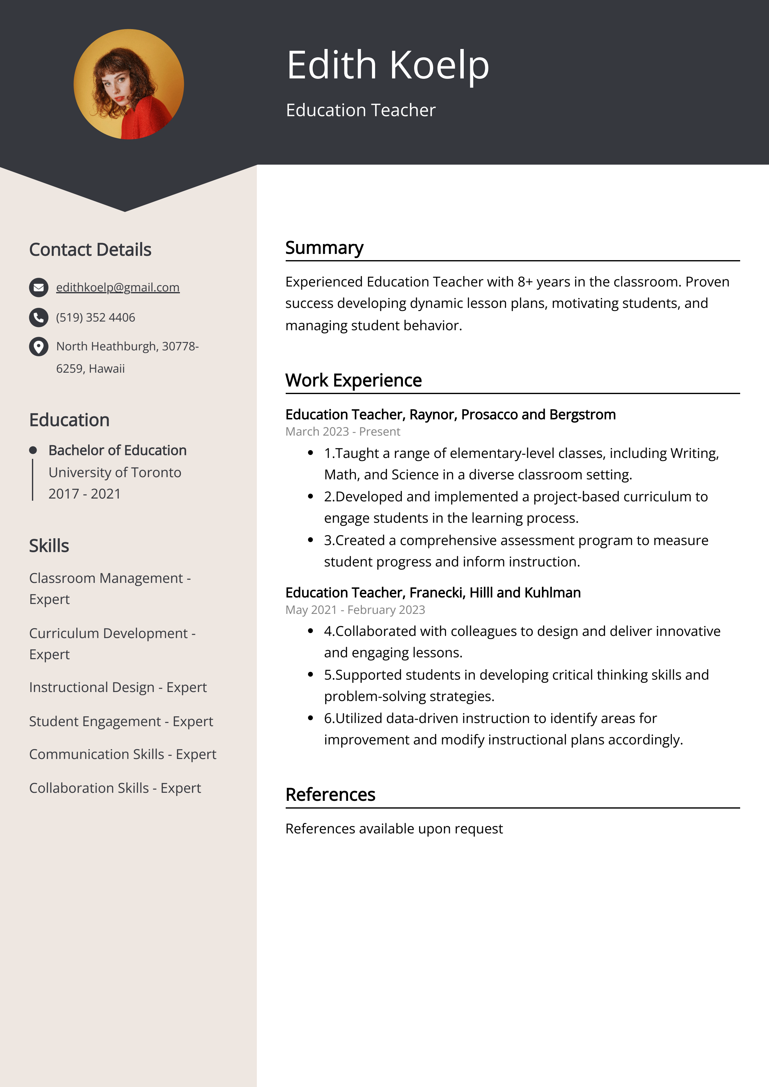 Education Teacher CV Example
