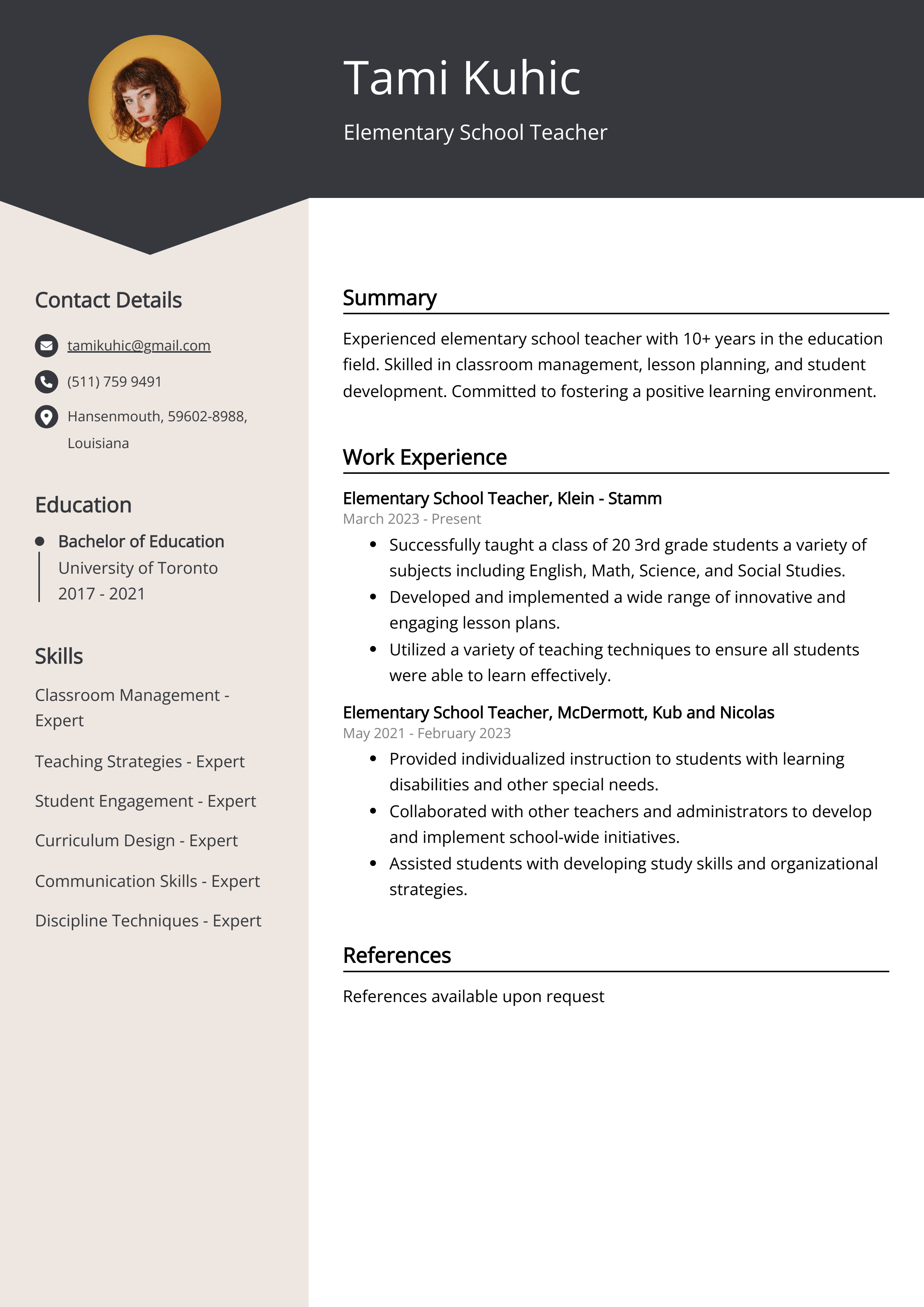 Elementary School Teacher CV Example