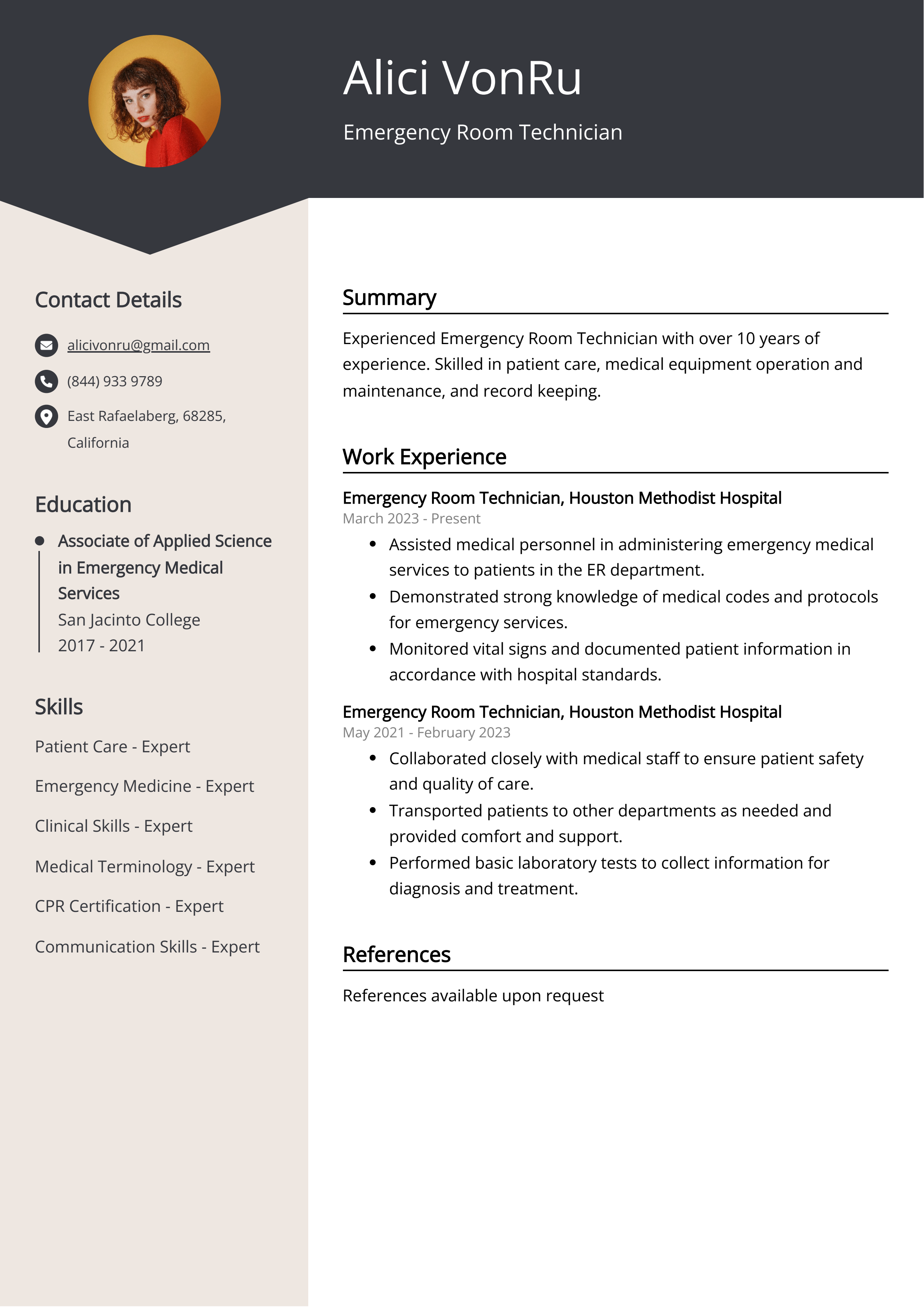 Emergency Room Technician CV Example