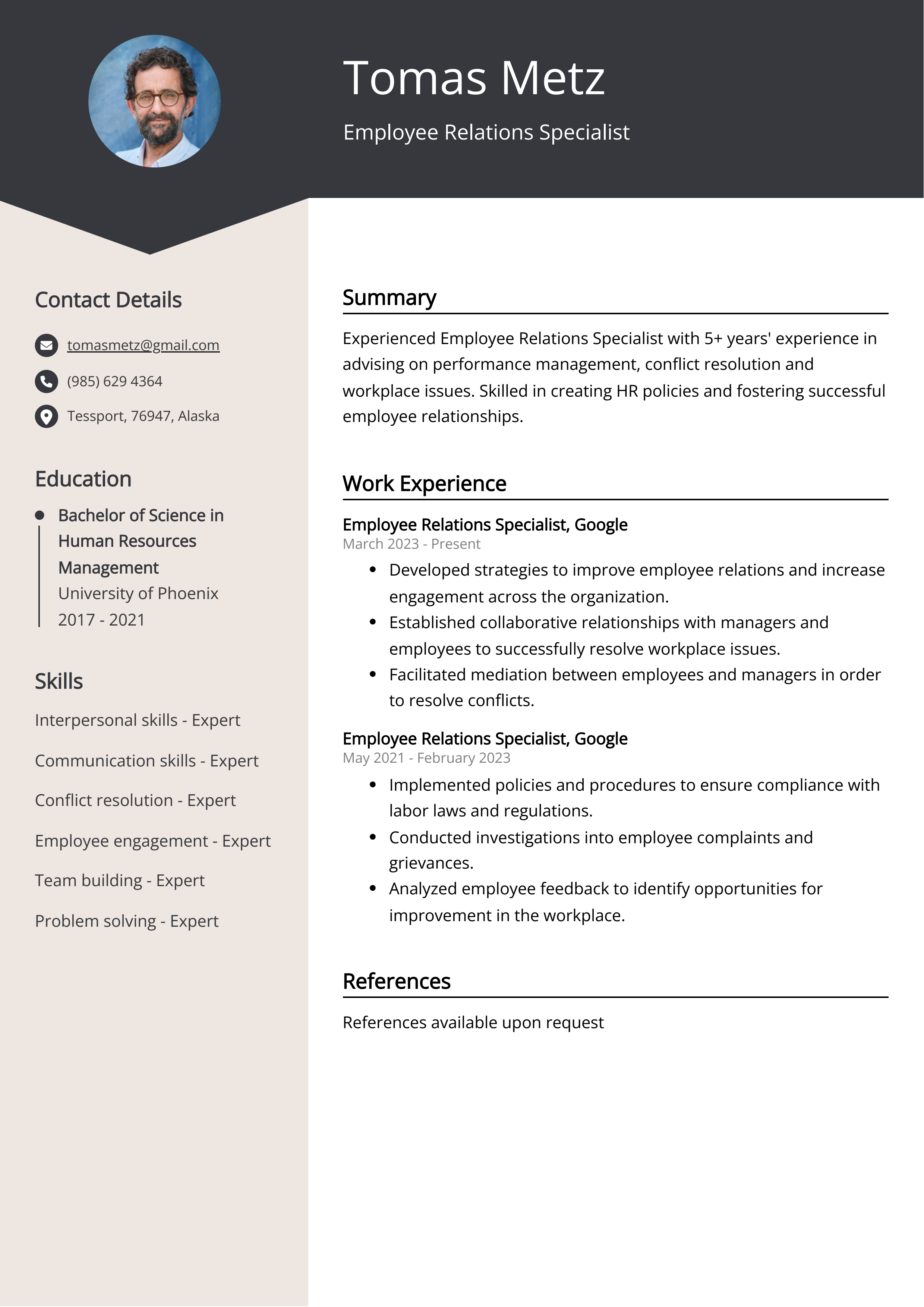 Employee Relations Specialist CV Example