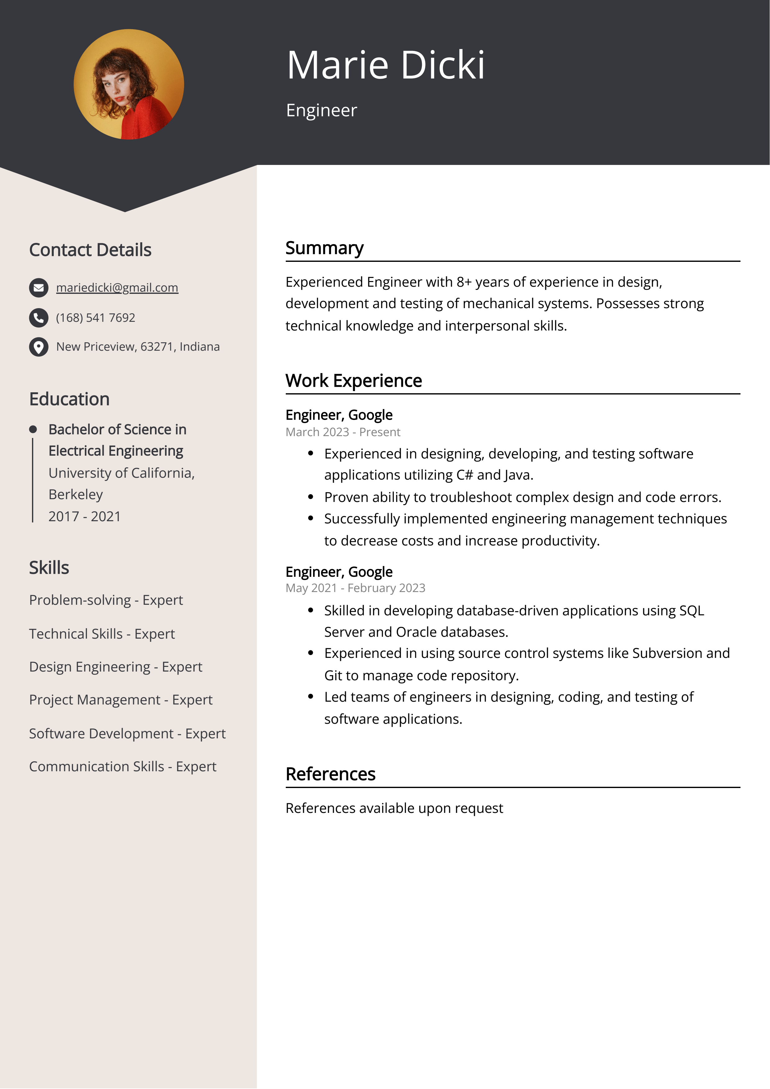 Engineer CV Example