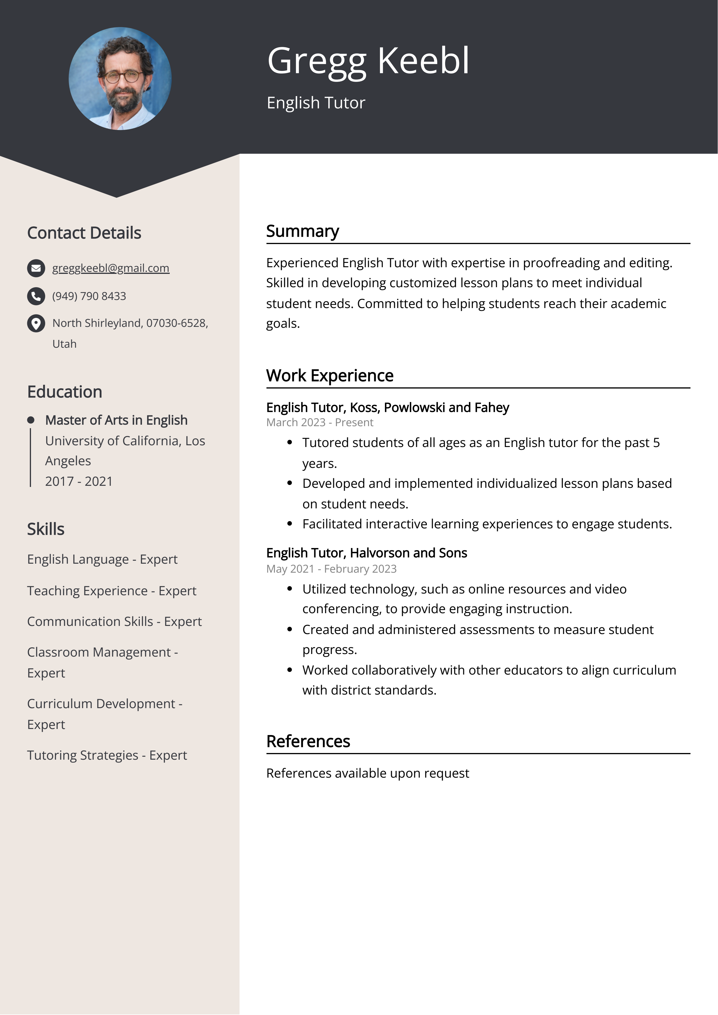 English Tutor CV Example