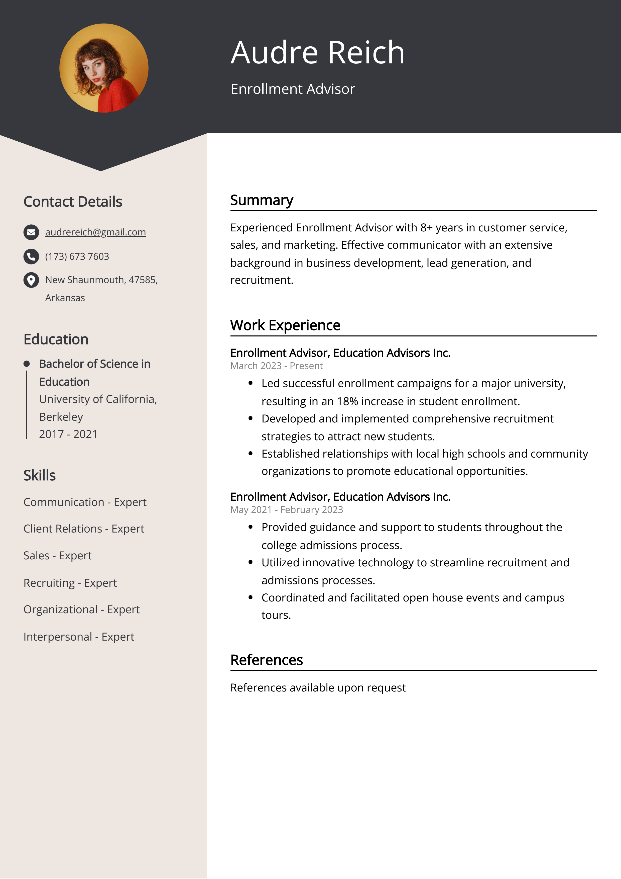 Enrollment Advisor CV Example