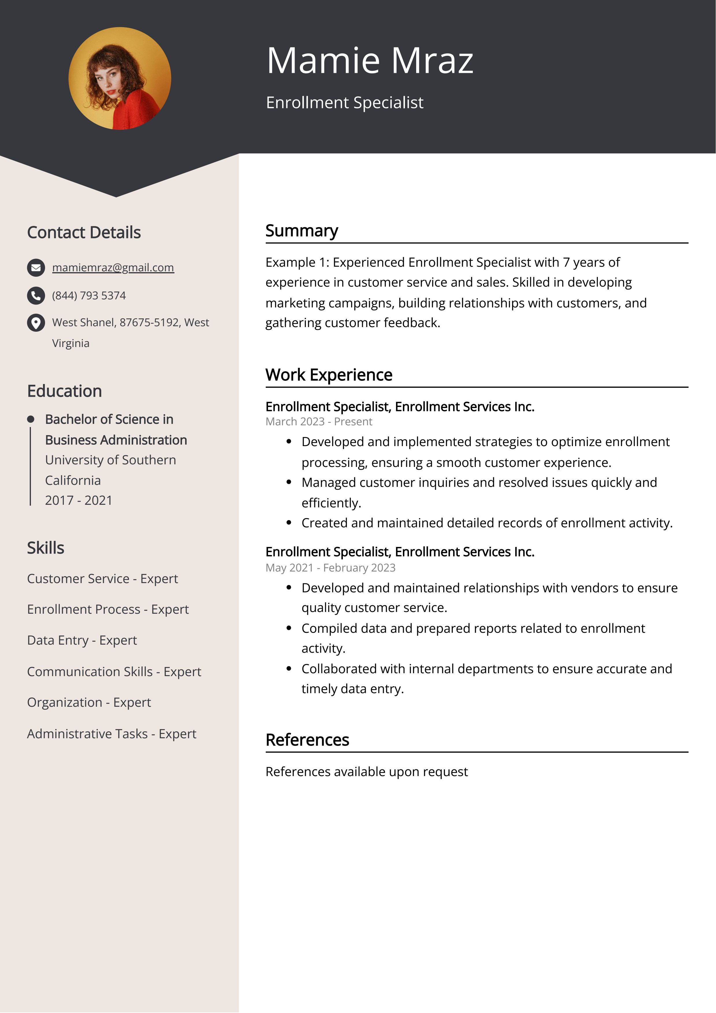 Enrollment Specialist CV Example