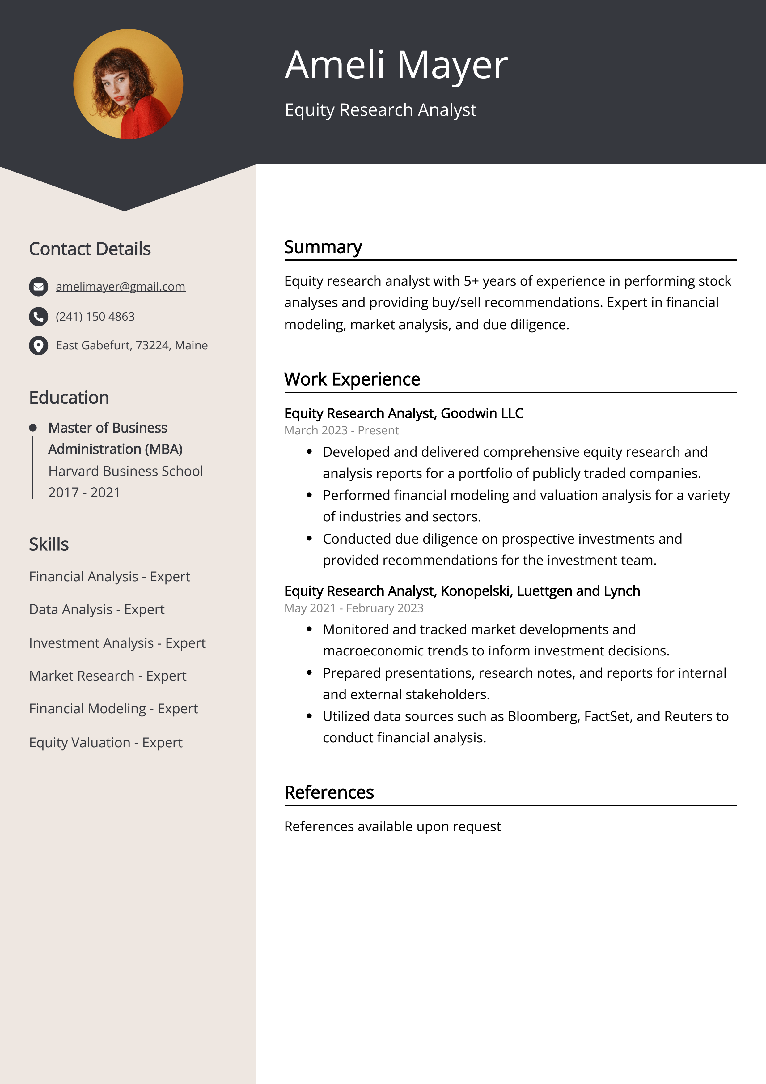 Equity Research Analyst CV Example