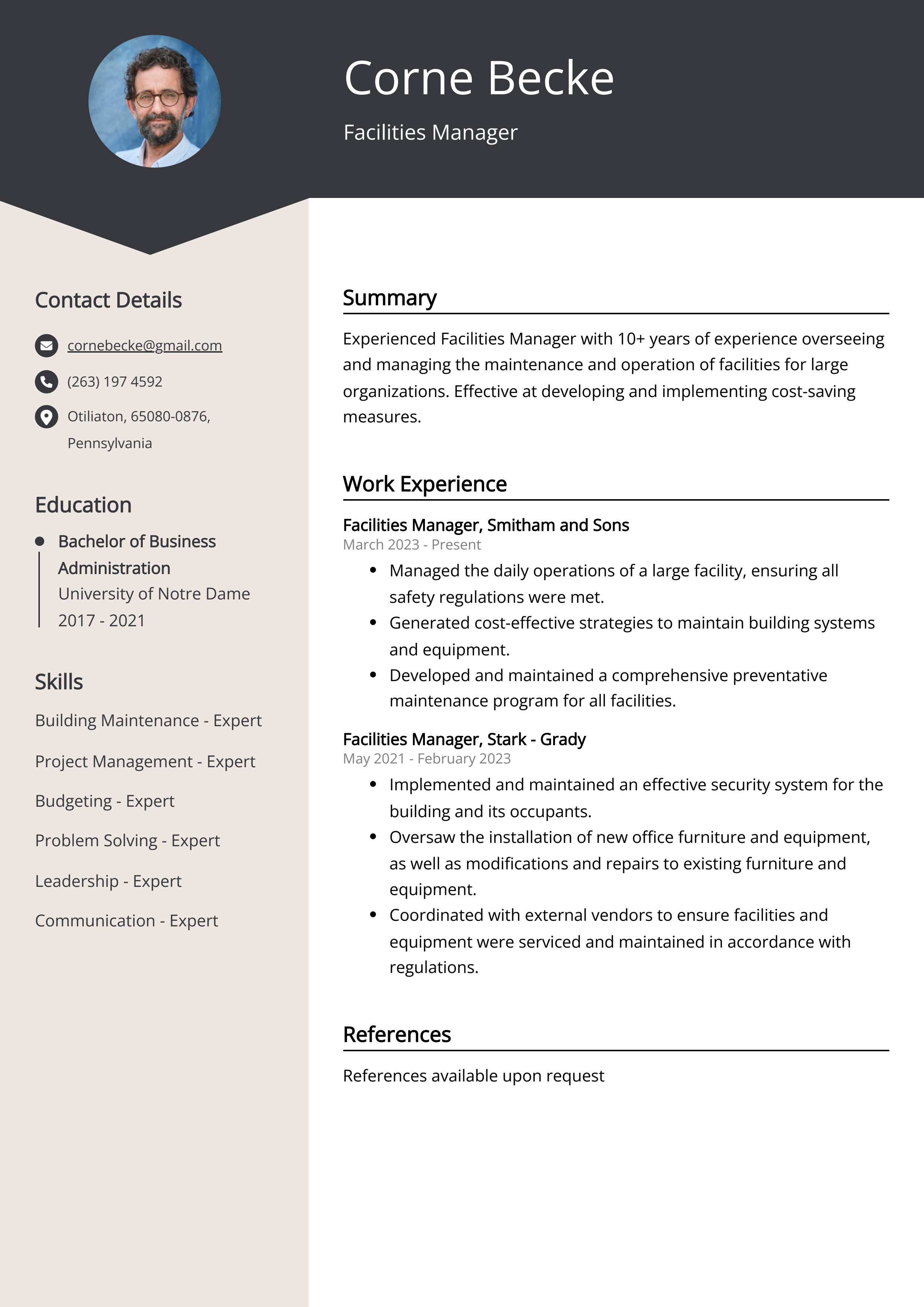 Facilities Manager CV Example