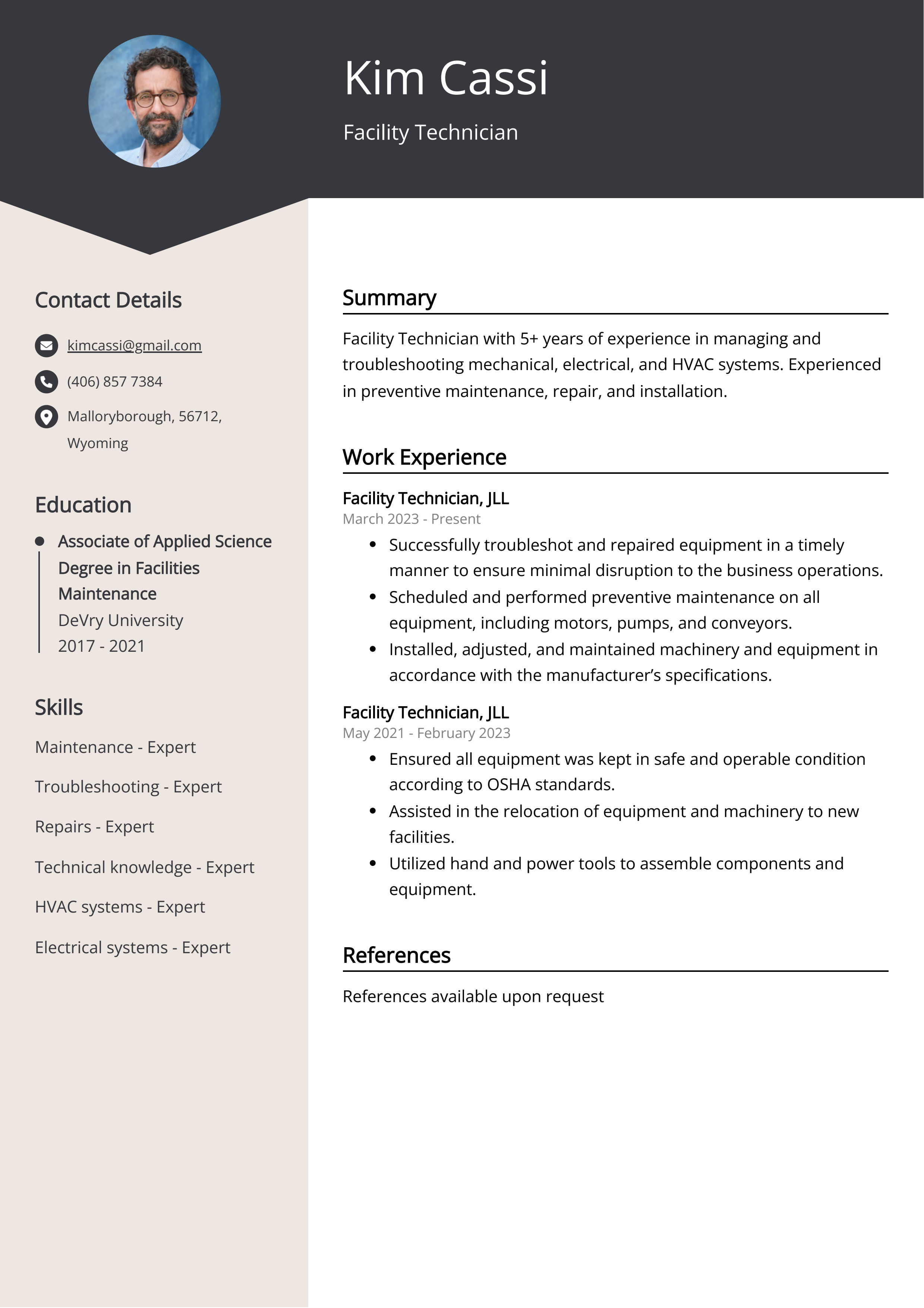 Facility Technician CV Example