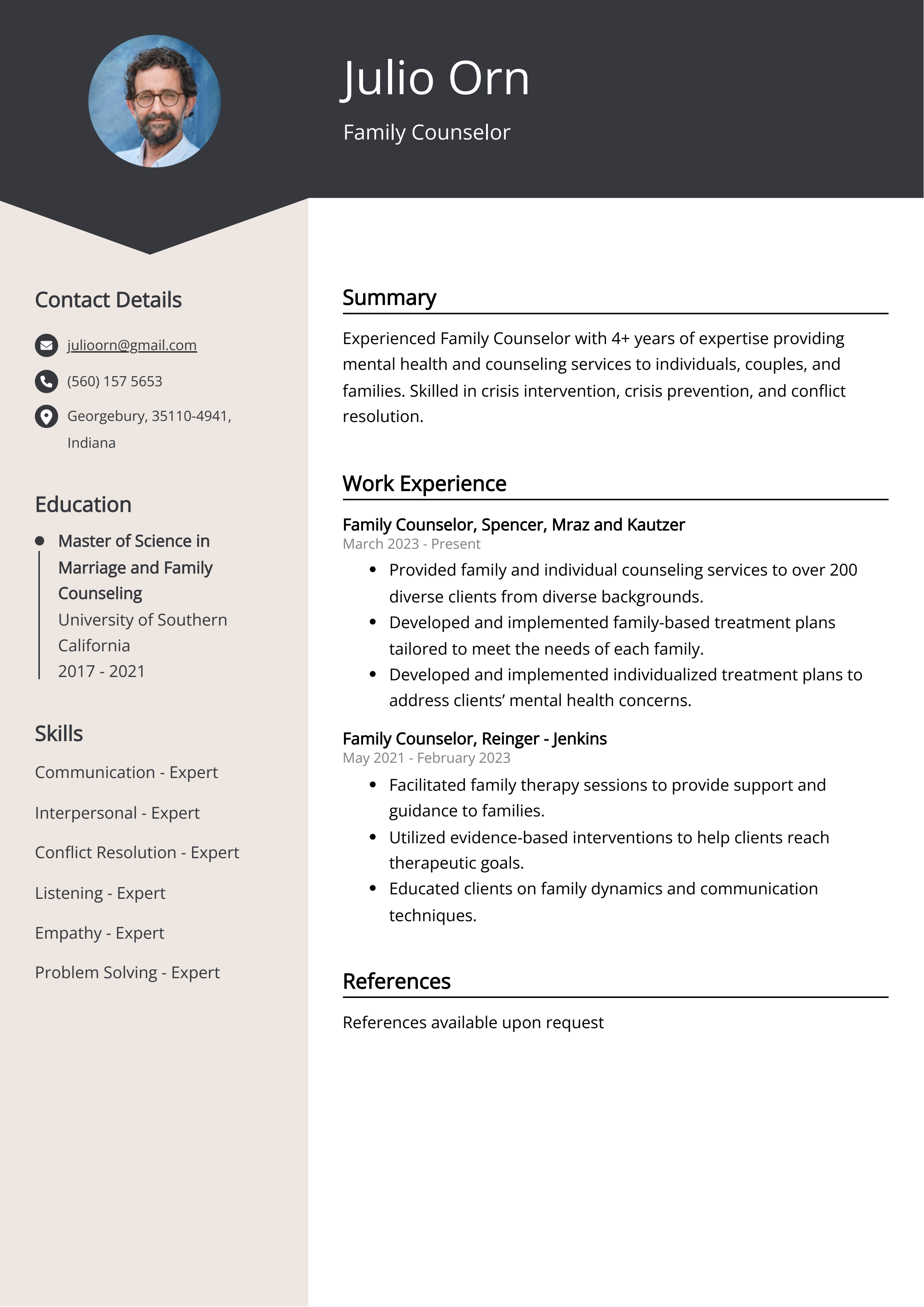 Family Counselor CV Example