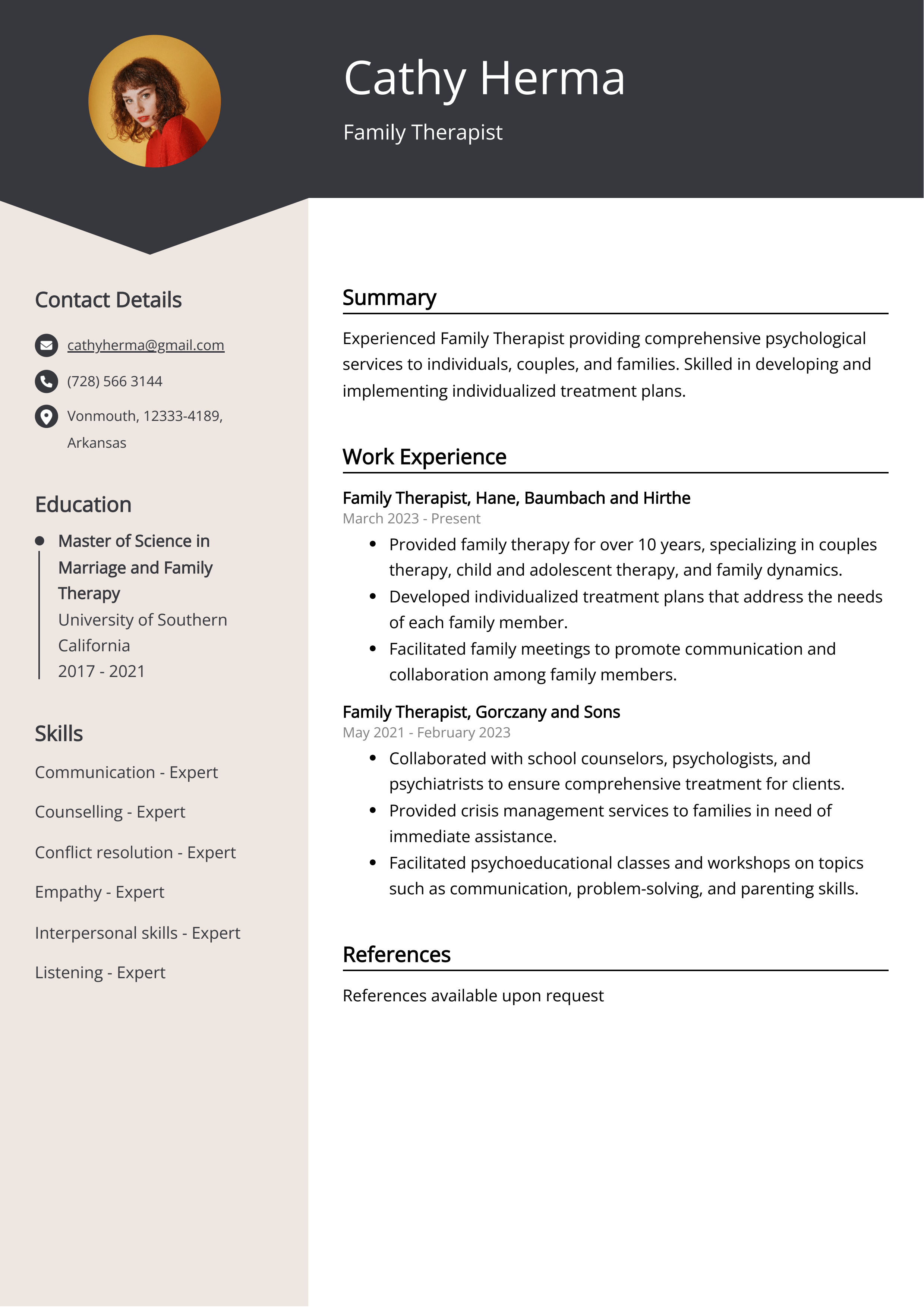 Family Therapist CV Example