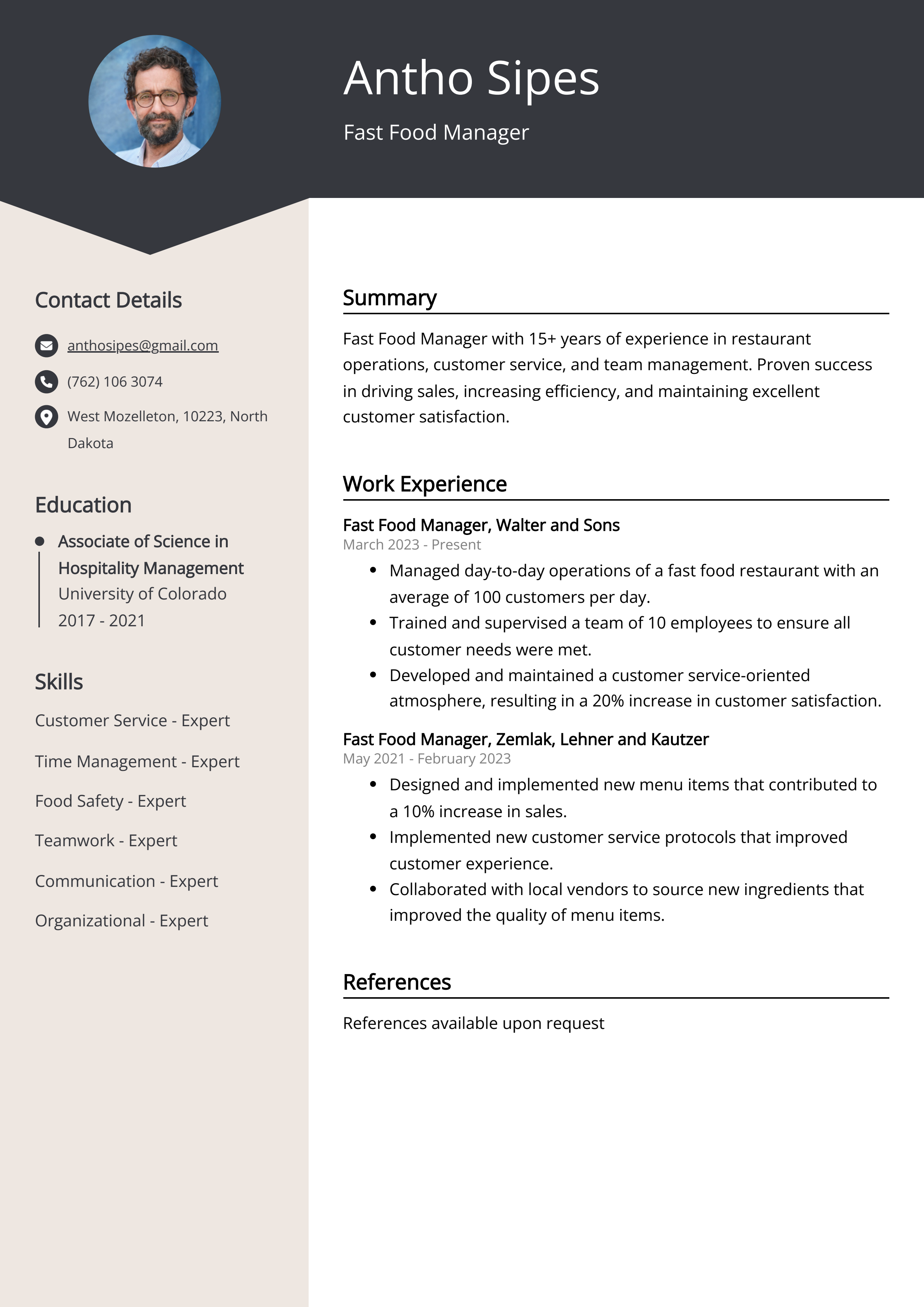 Fast Food Manager CV Example