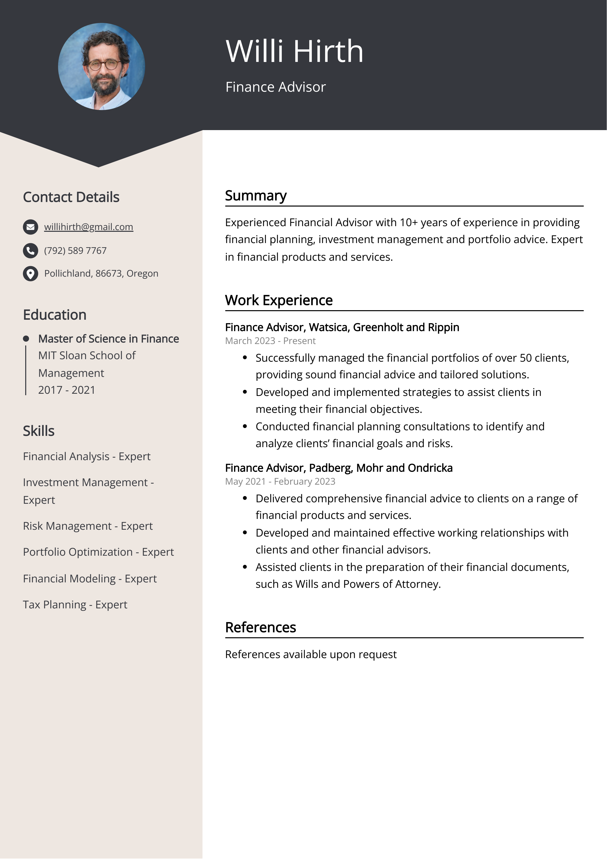 Finance Advisor CV Example