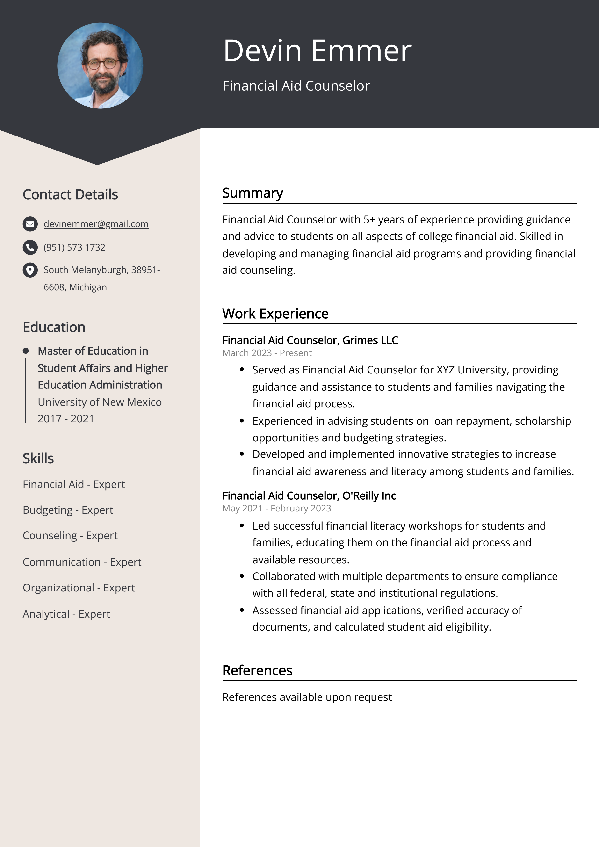Financial Aid Counselor CV Example