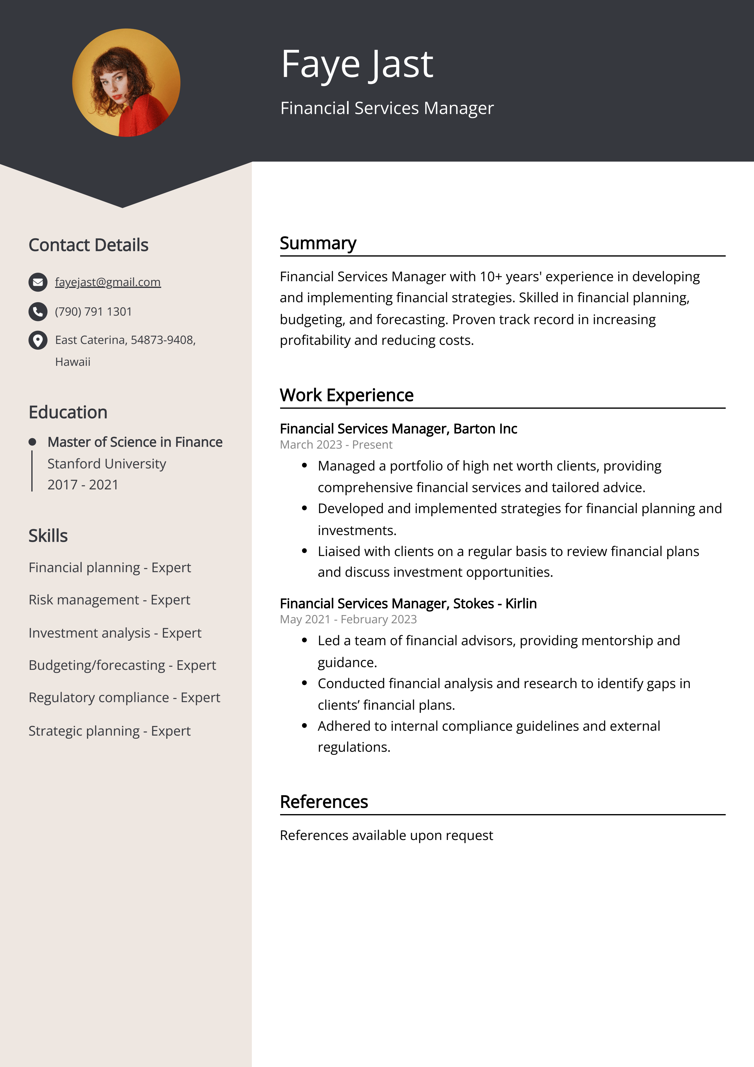 Financial Services Manager CV Example