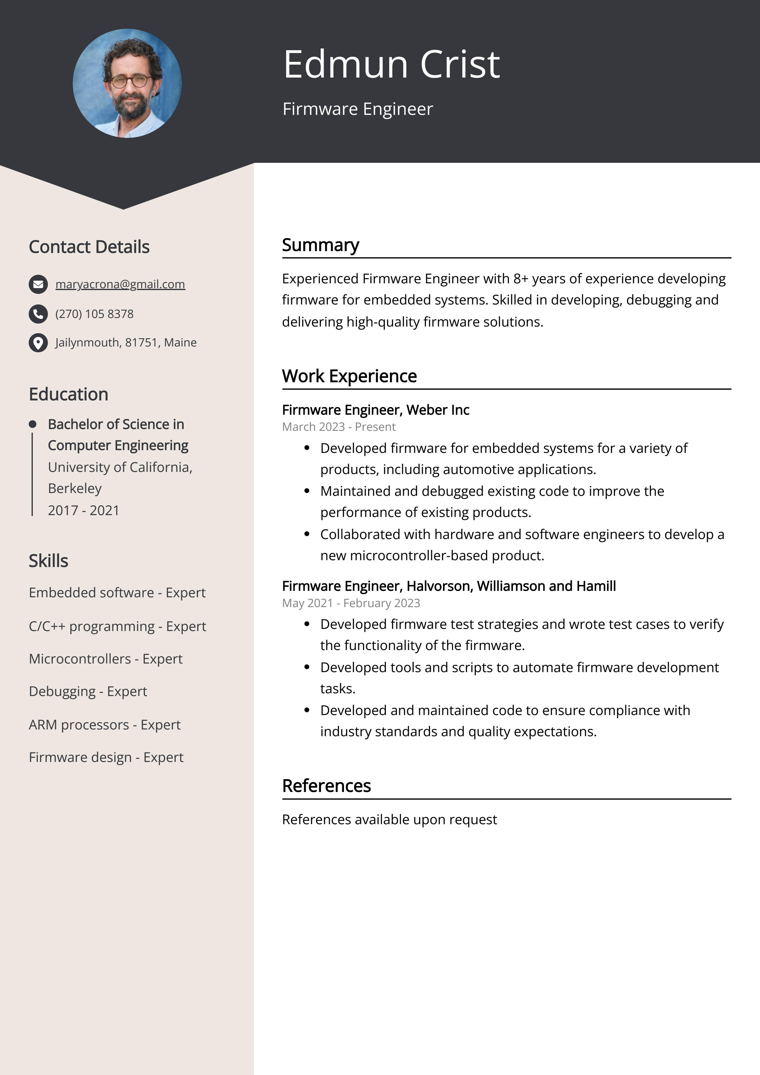 Firmware Engineer CV Example