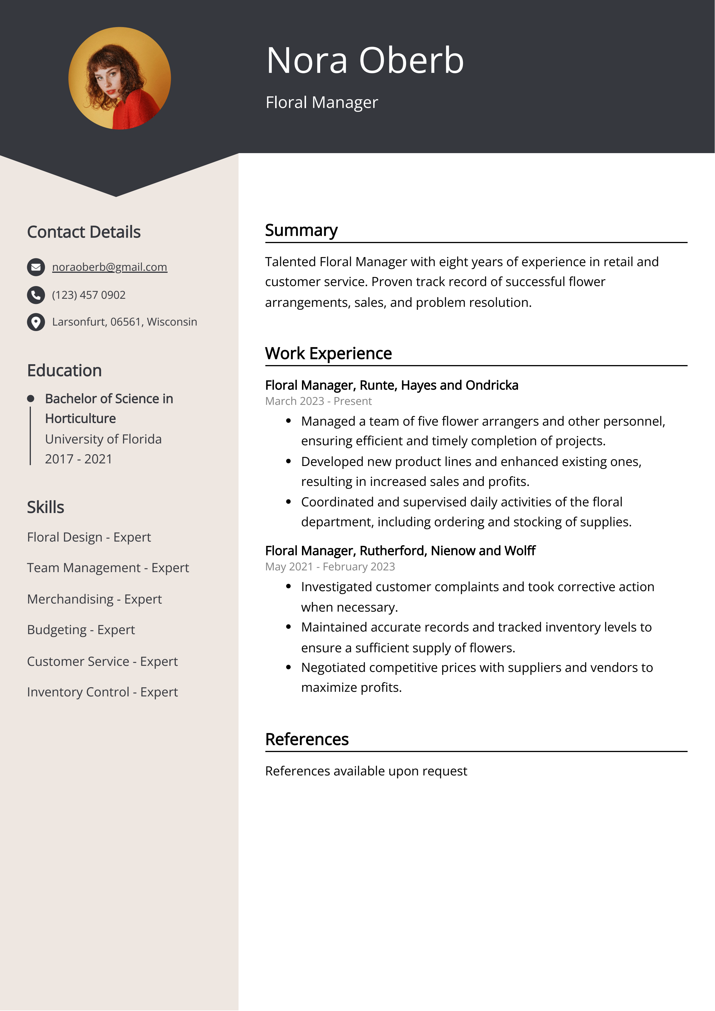 Floral Manager CV Example