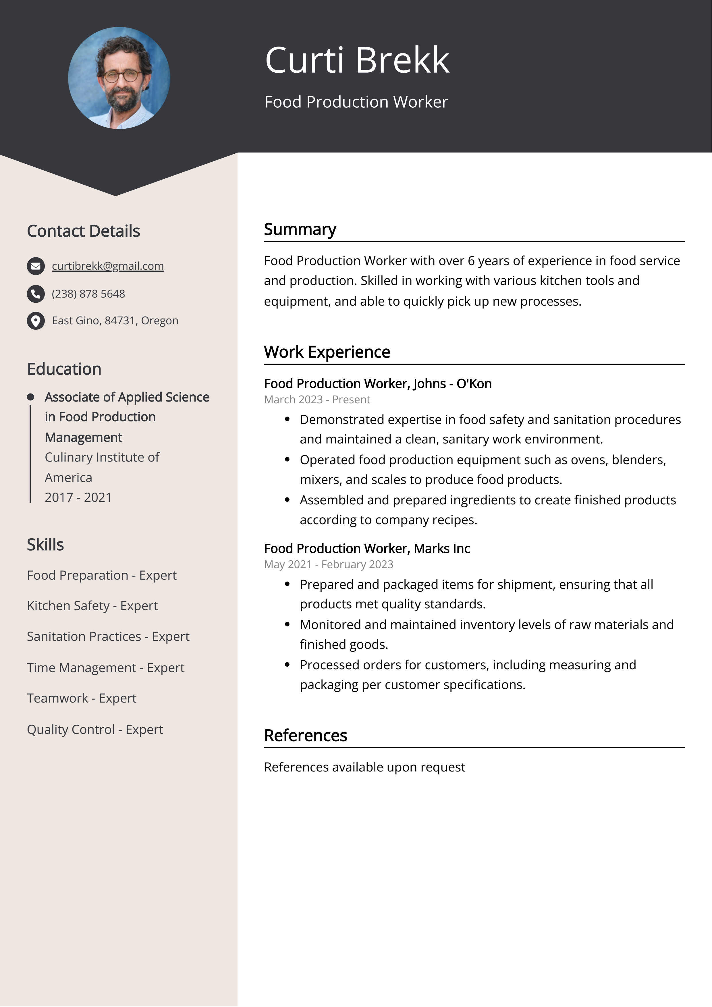 Food Production Worker CV Example