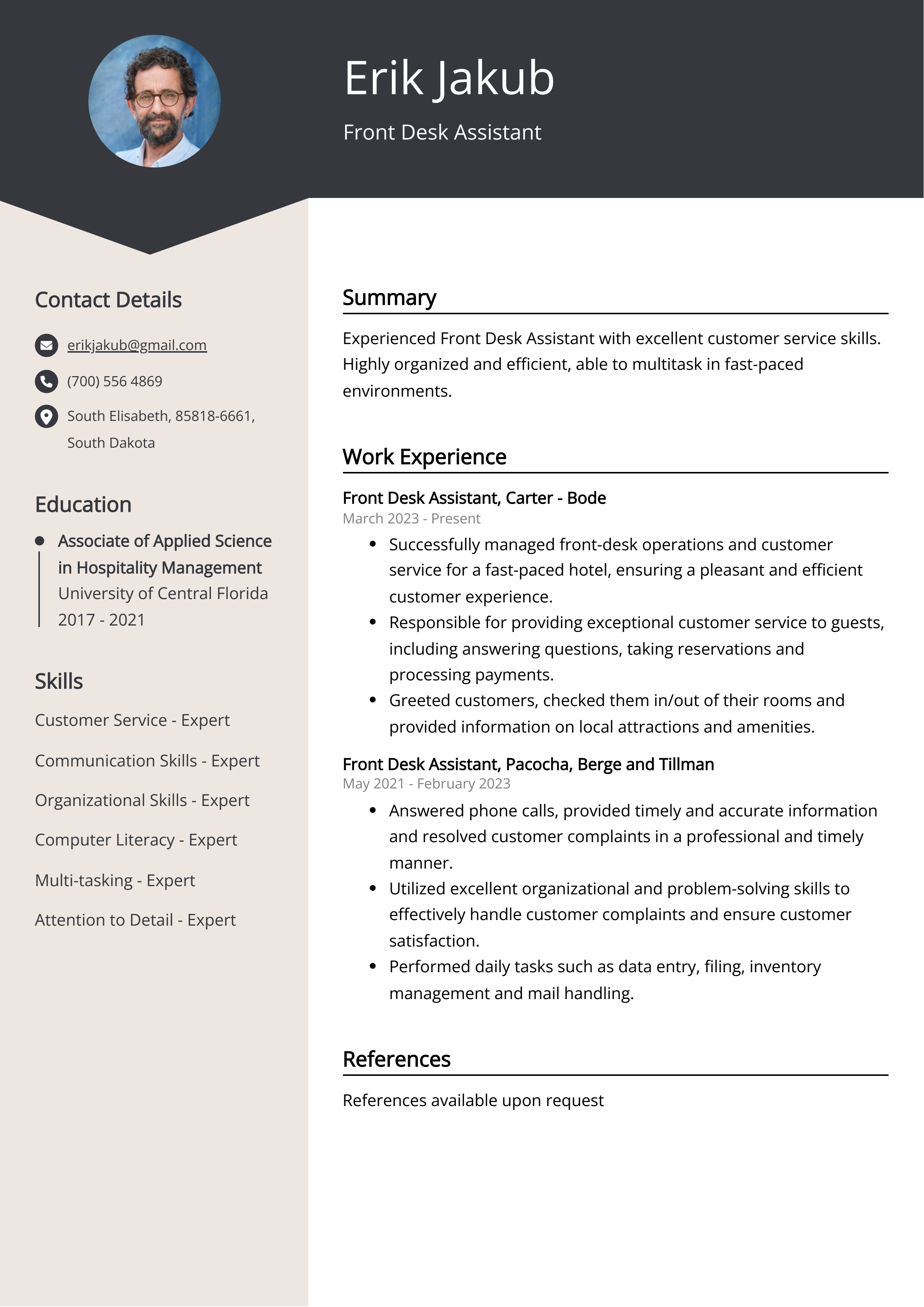 Front Desk Assistant CV Example