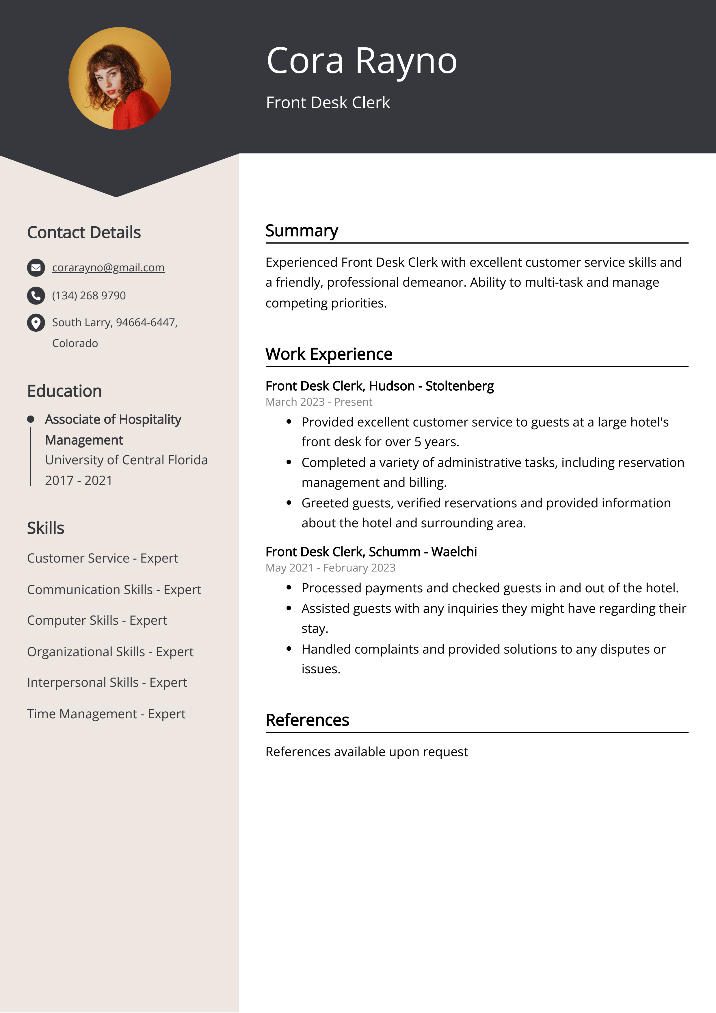 Front Desk Clerk CV Example