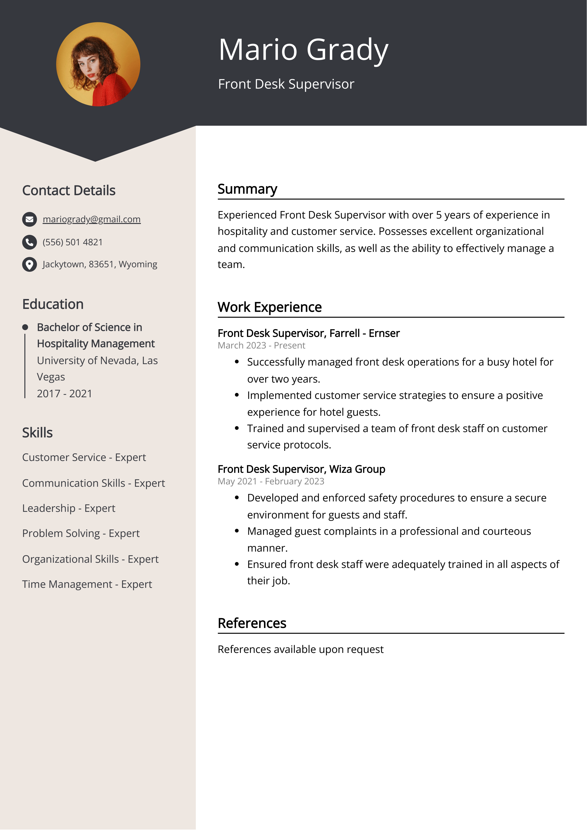 Front Desk Supervisor CV Example