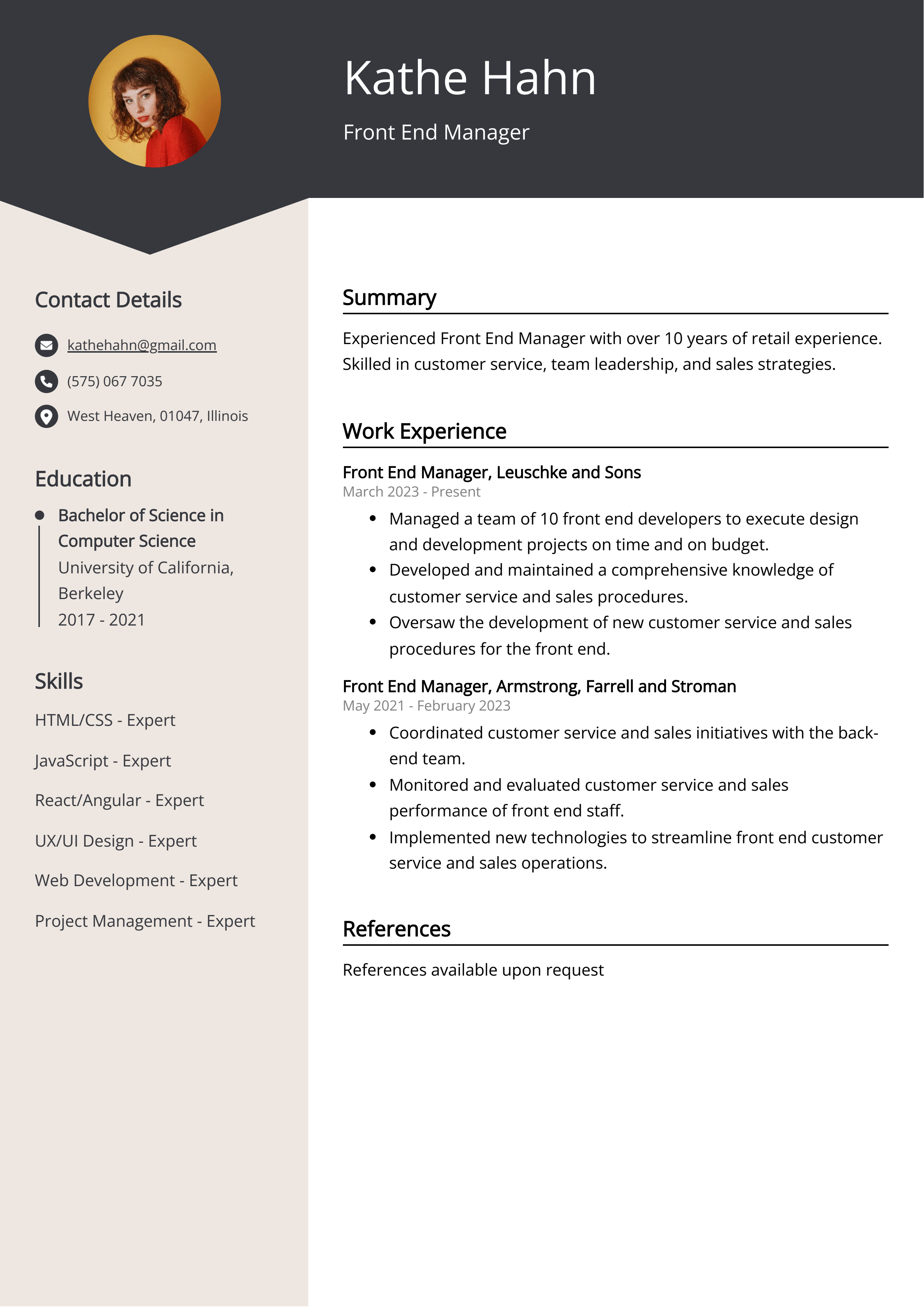 Front End Manager CV Example