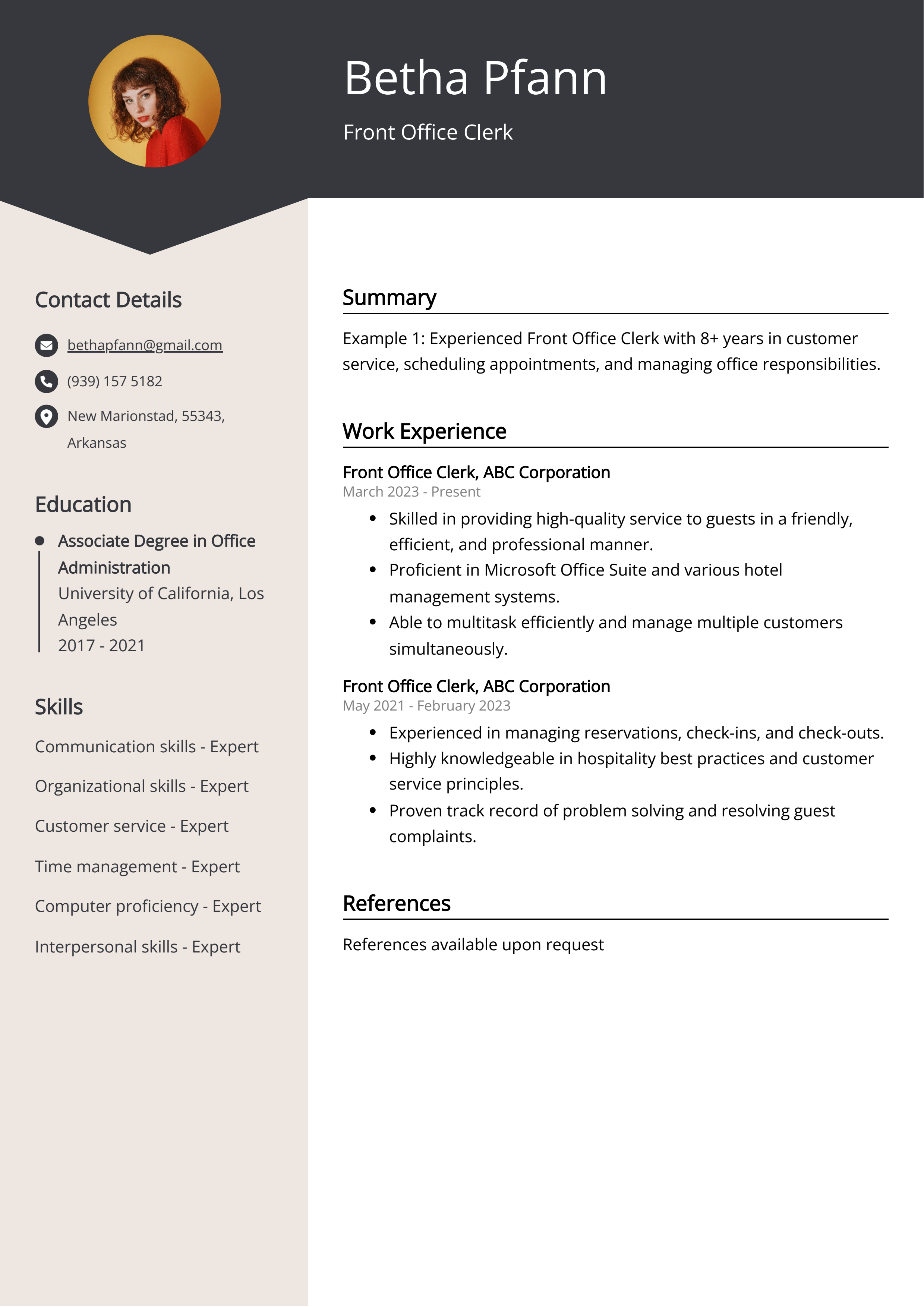 Front Office Clerk CV Example