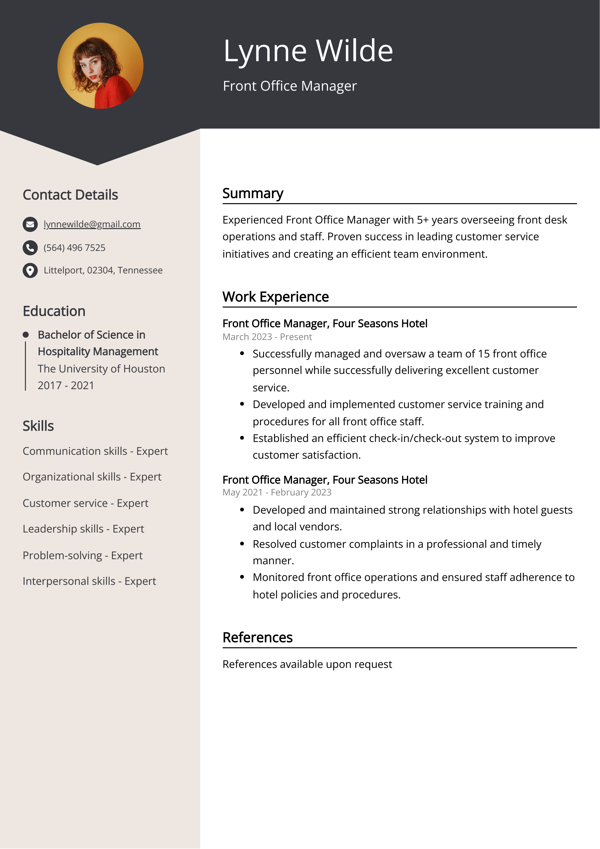 Front Office Manager CV Example