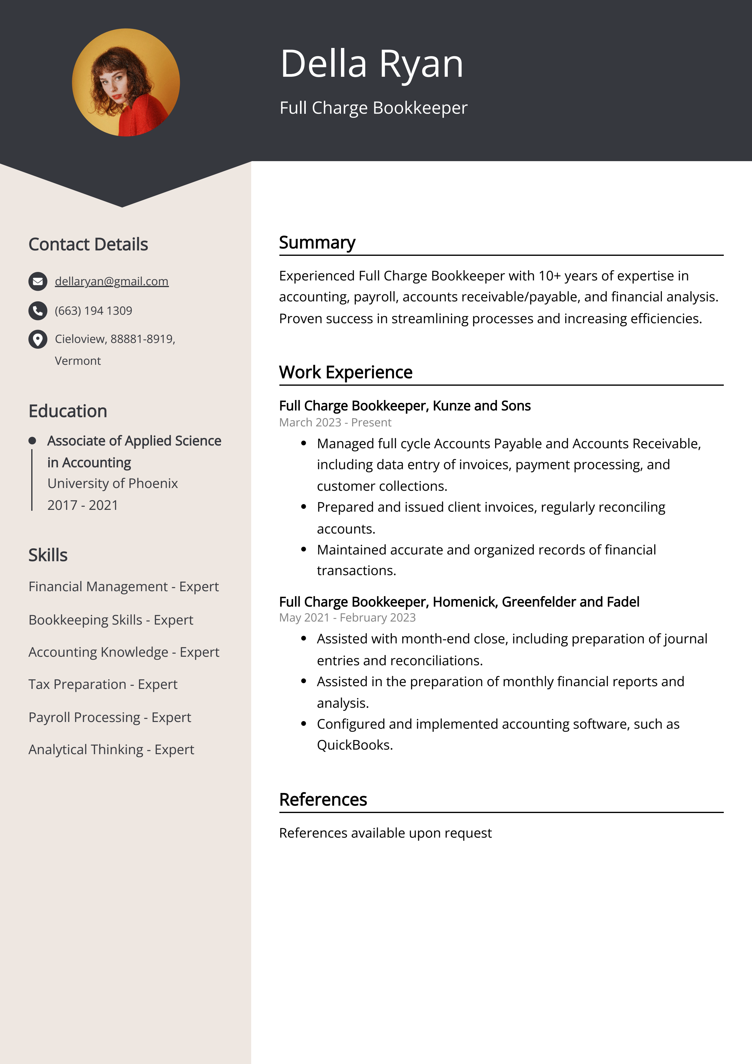 Full Charge Bookkeeper CV Example