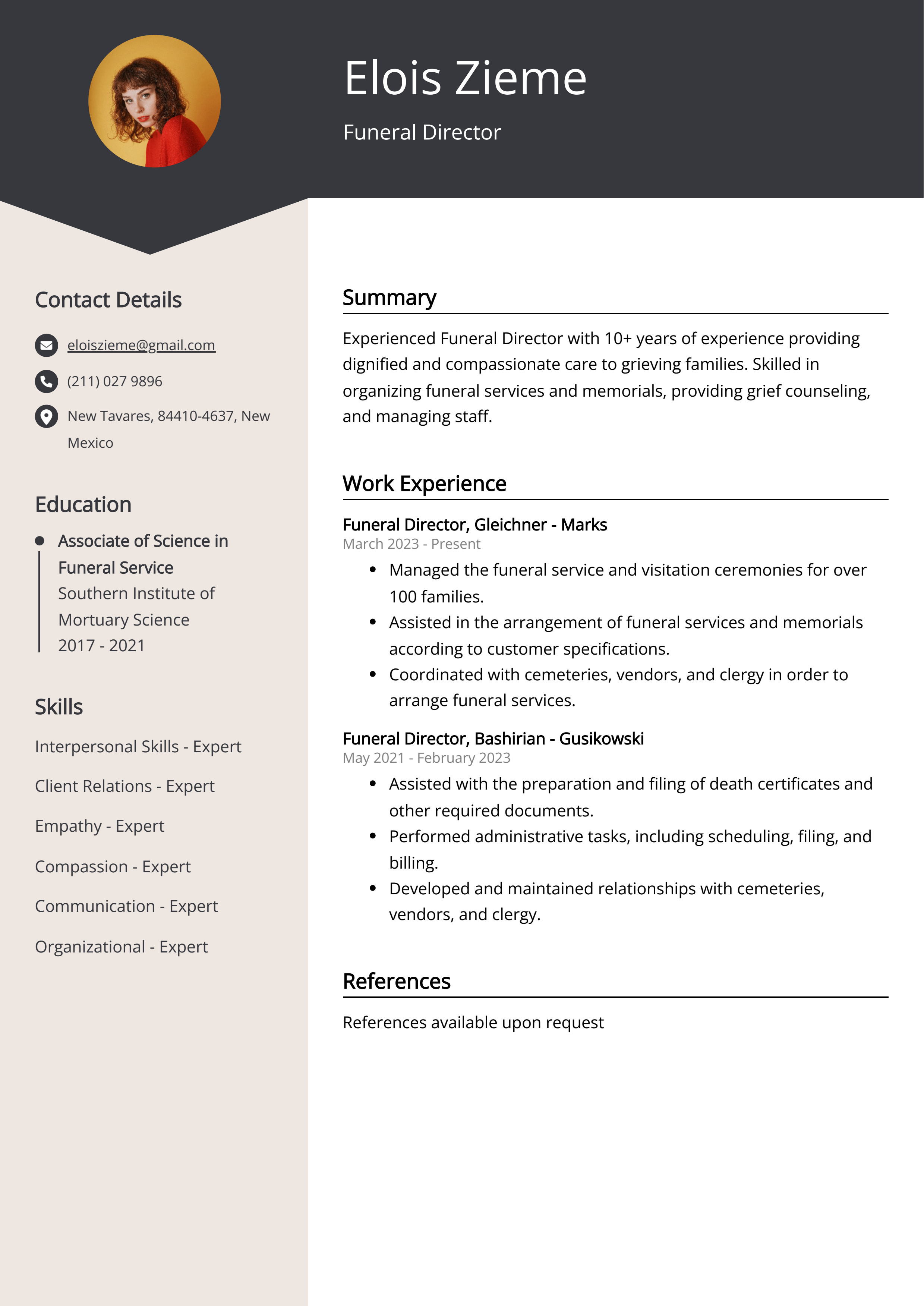 Funeral Director CV Example