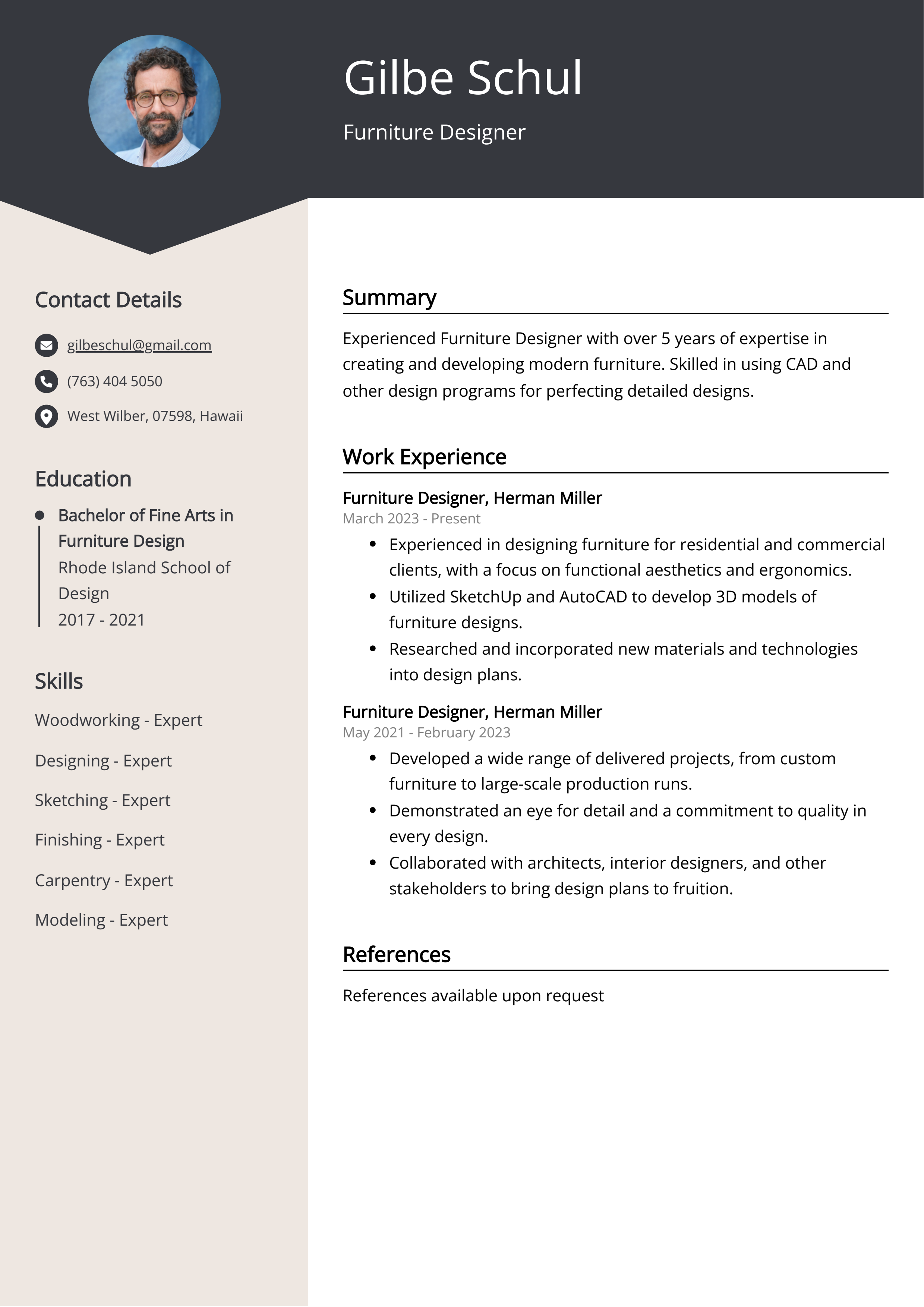 Furniture Designer CV Example