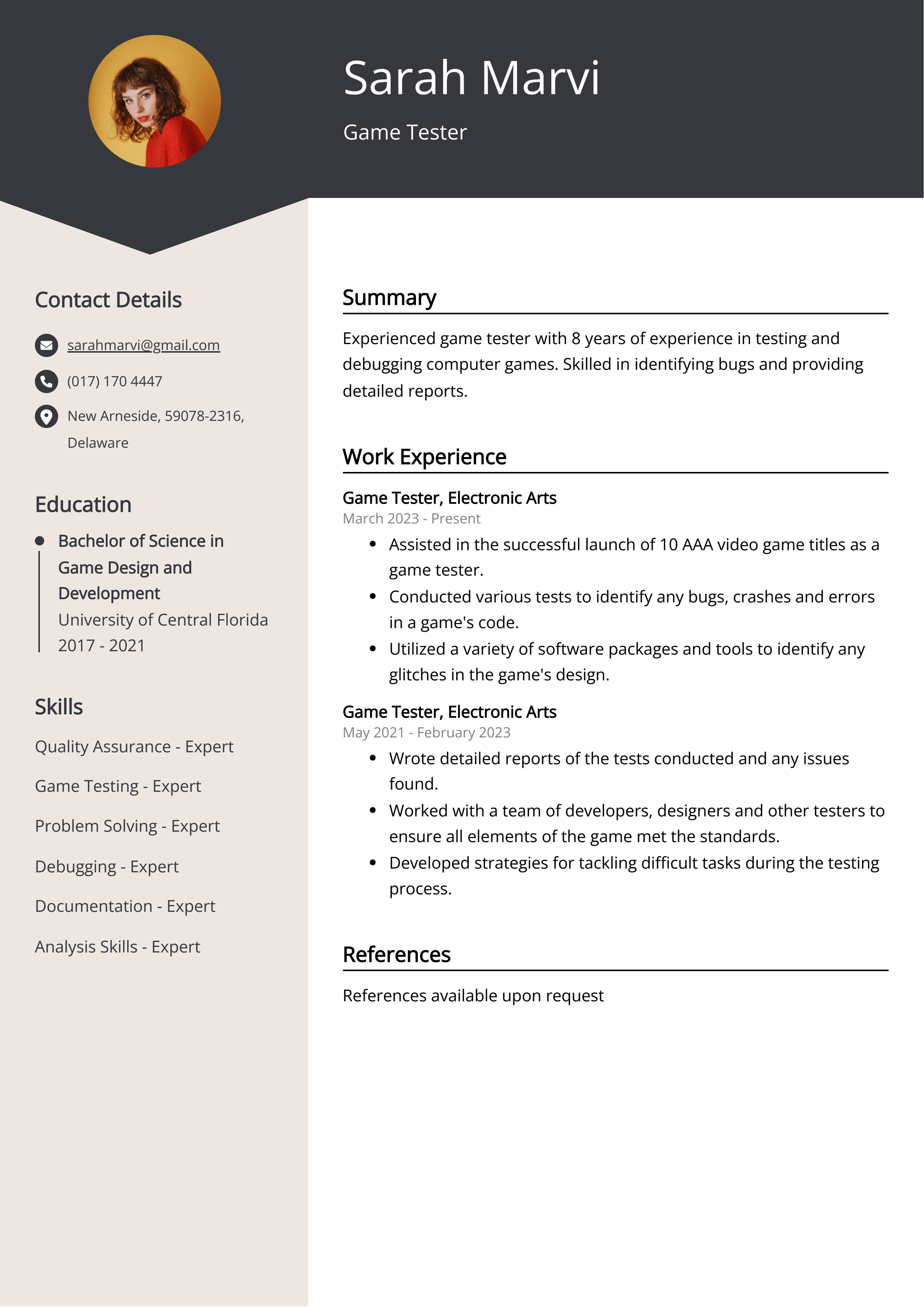 Game Tester CV Example