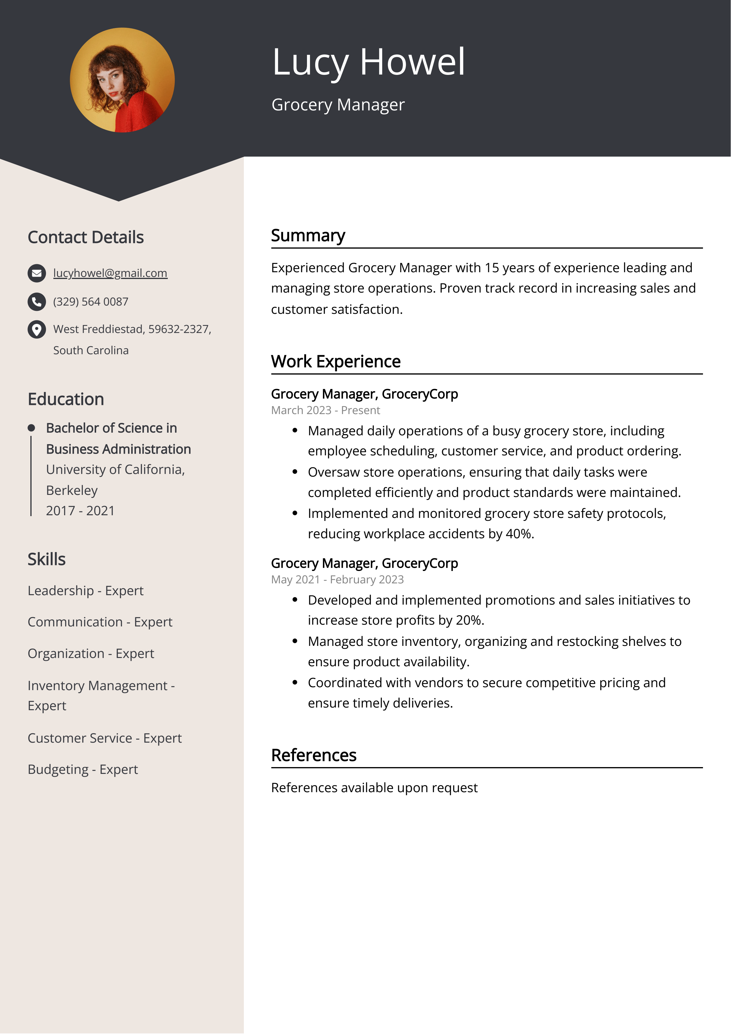 Grocery Manager CV Example