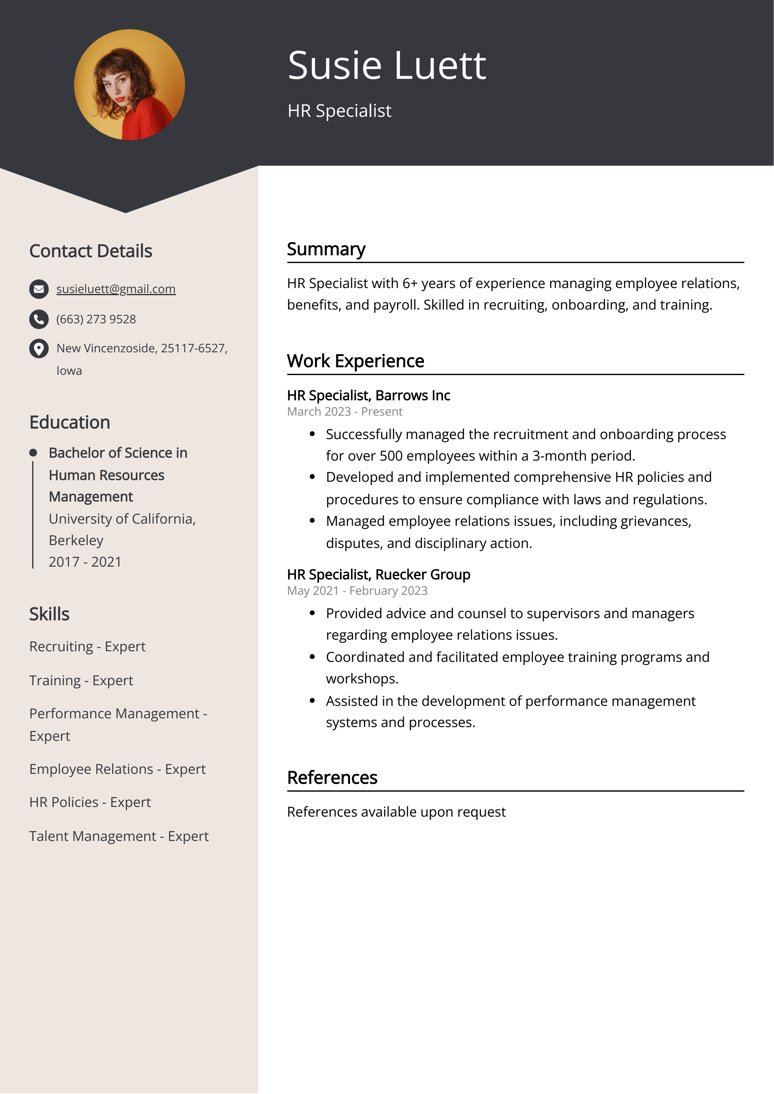 HR Specialist CV Example