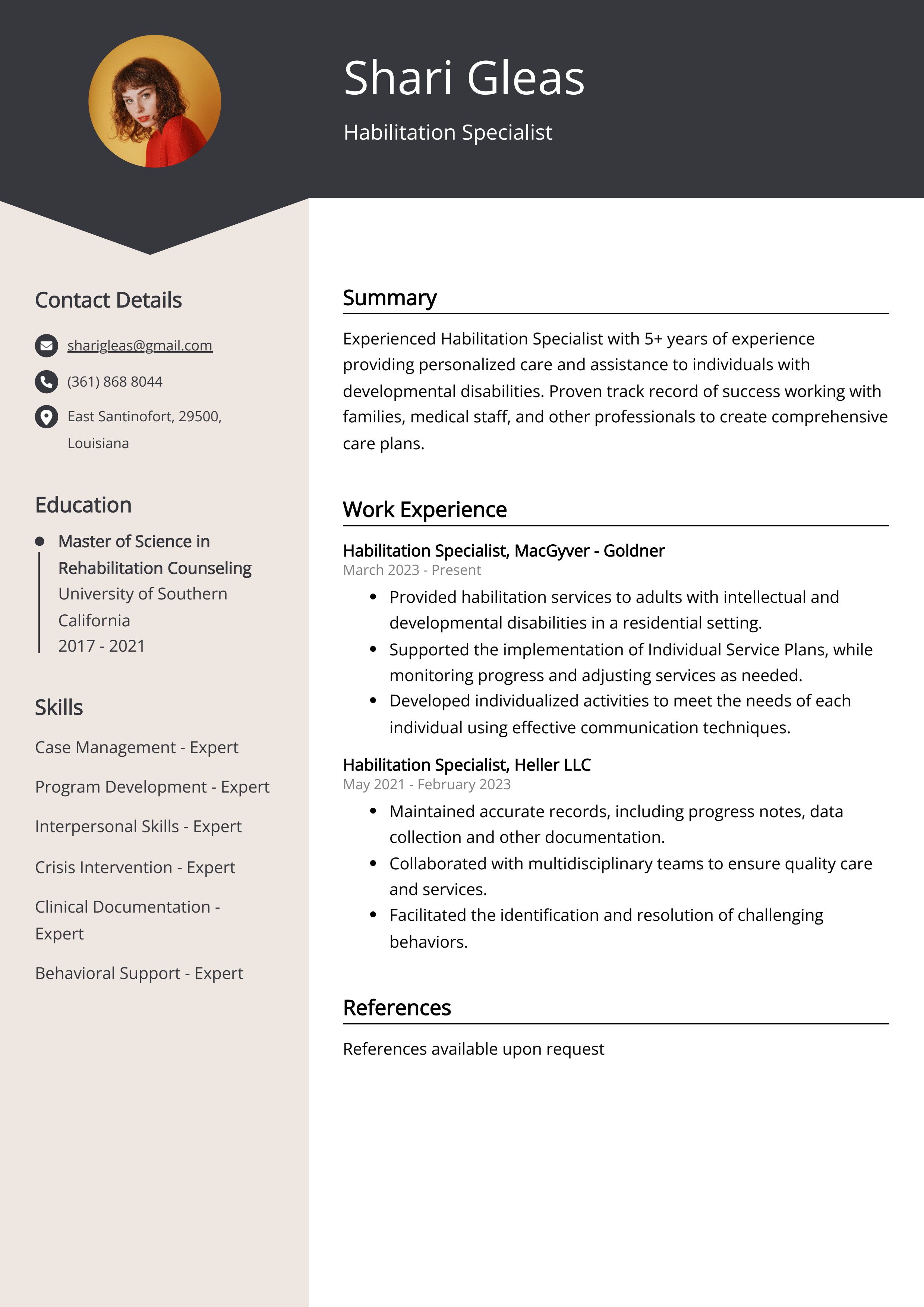 Habilitation Specialist CV Example