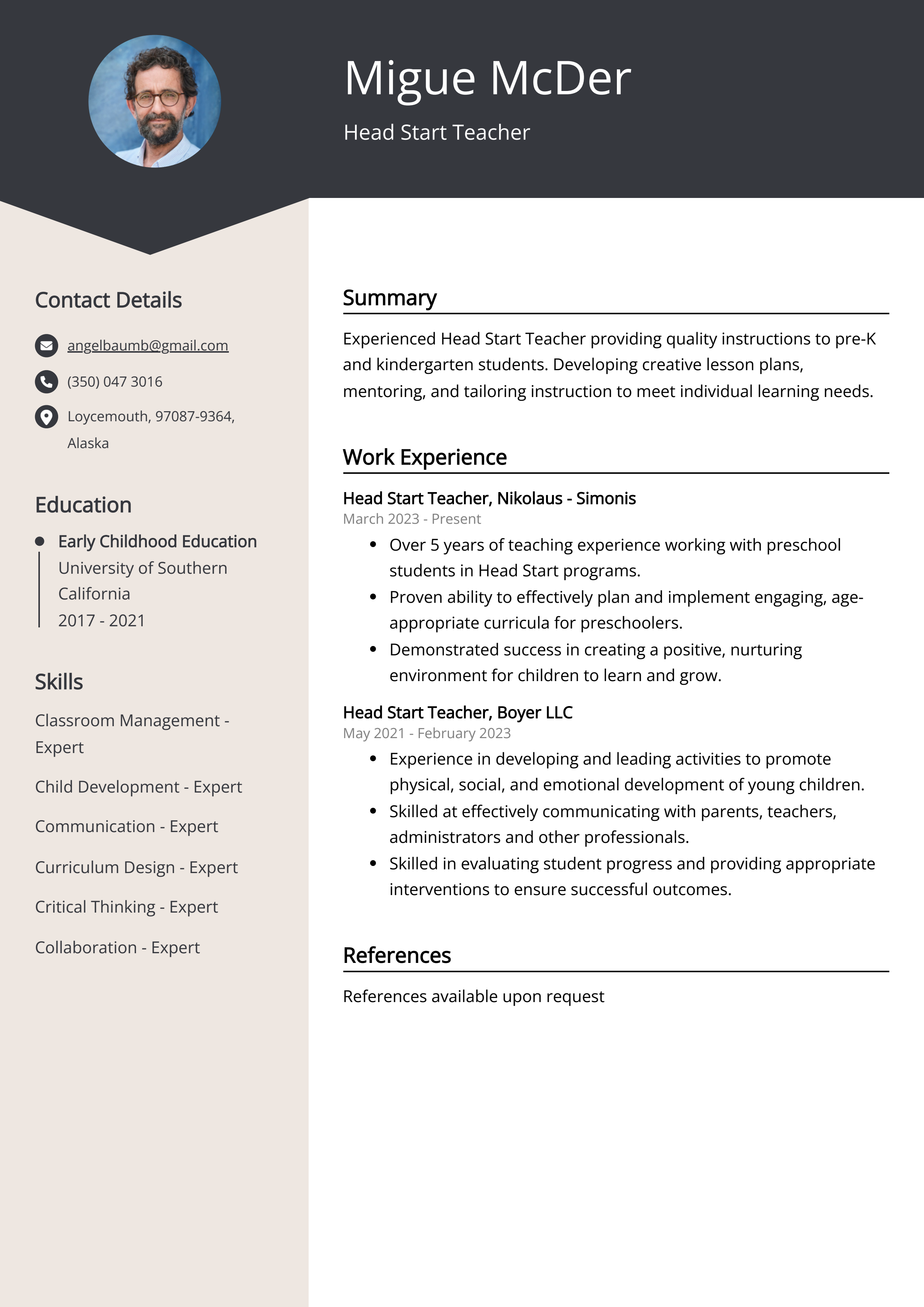 Head Start Teacher CV Example