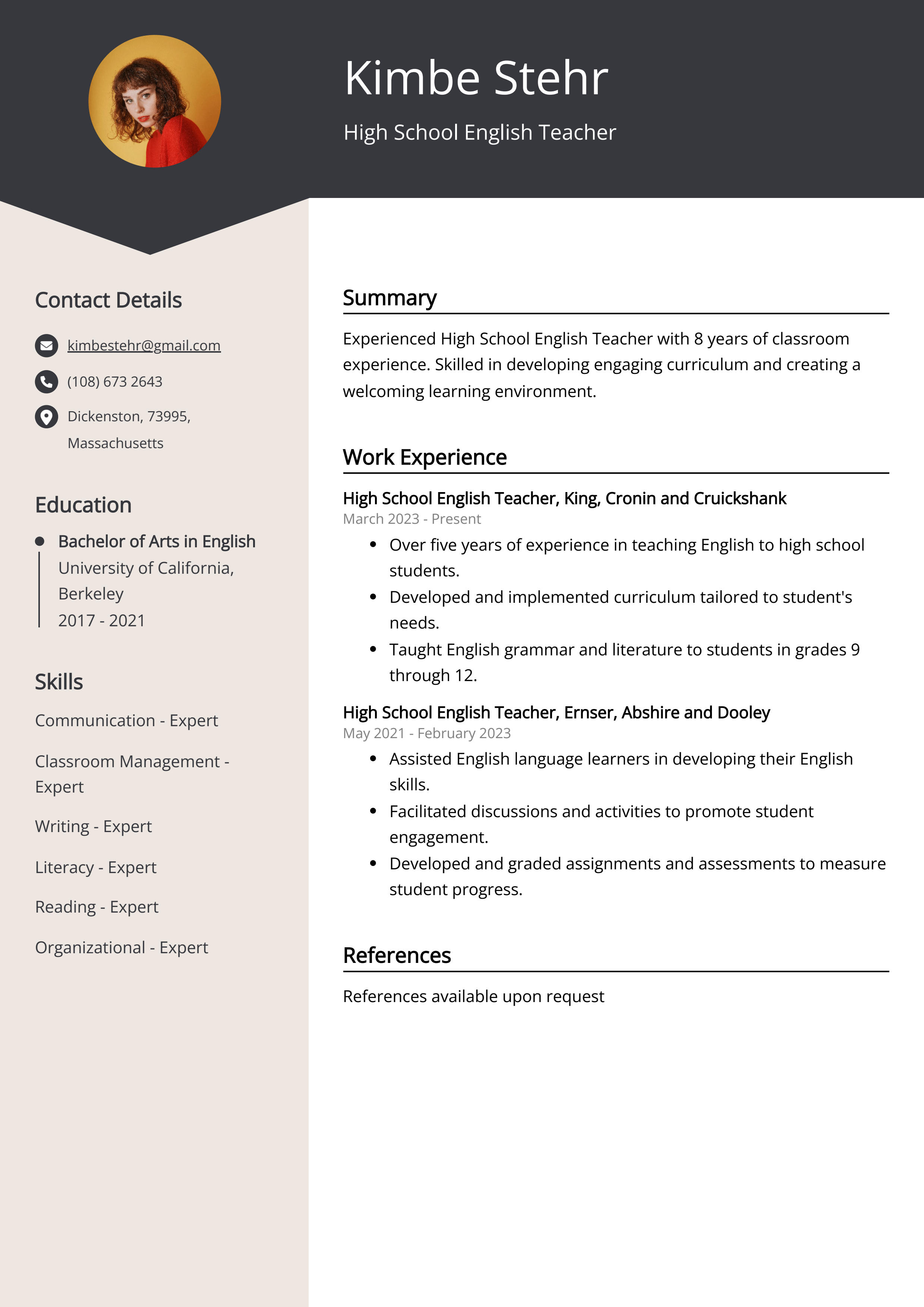 High School English Teacher CV Example