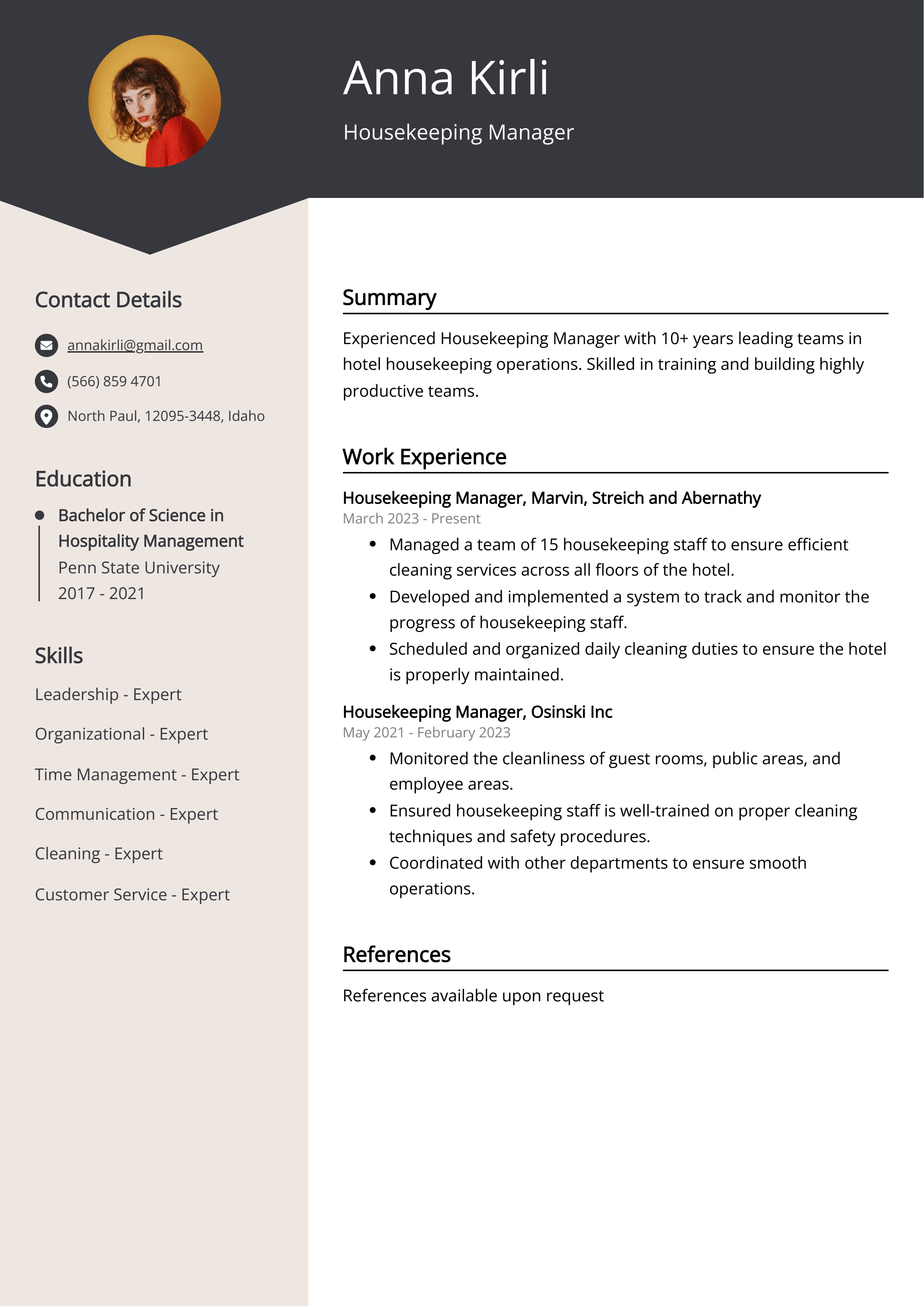 Housekeeping Manager CV Example