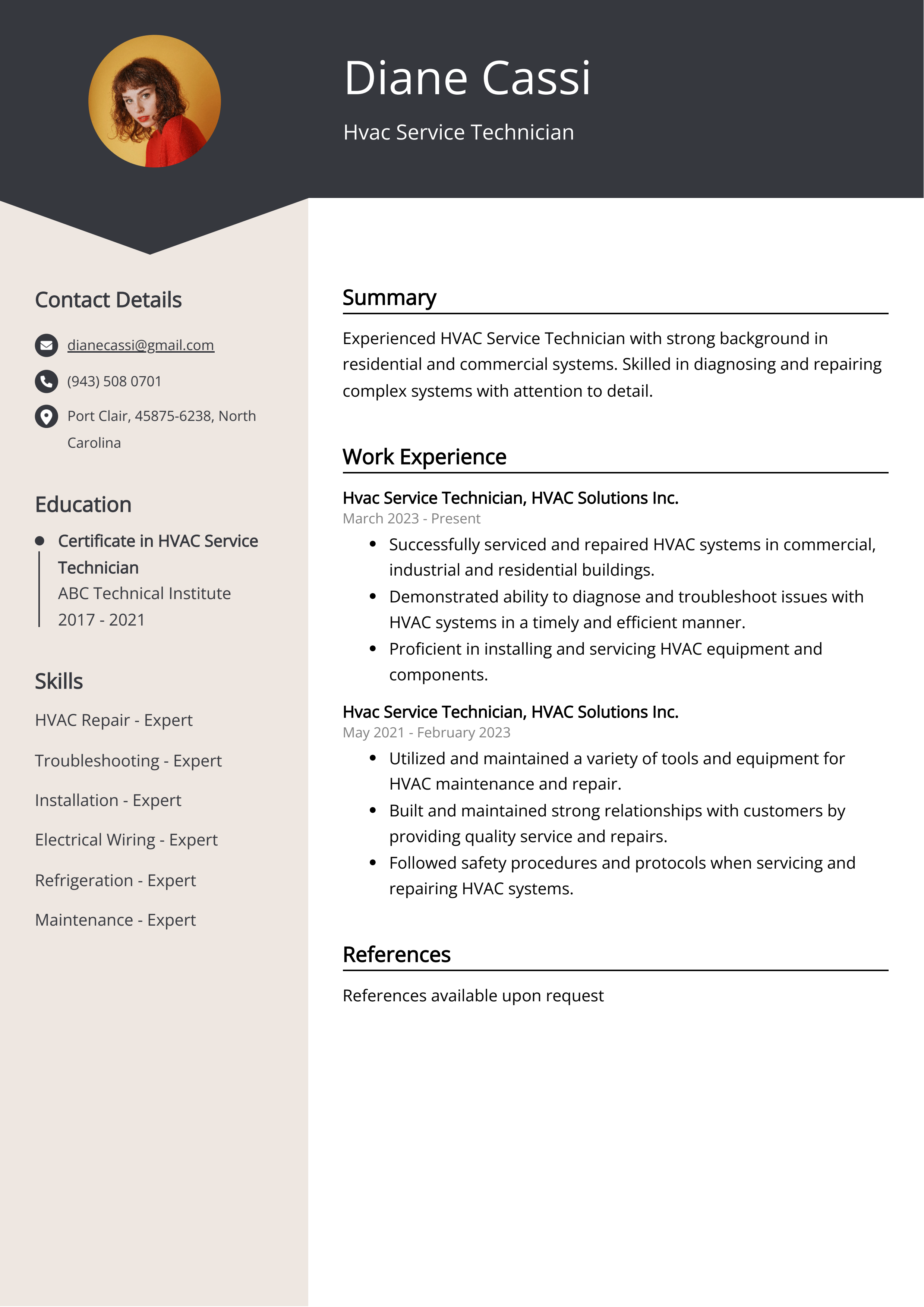 Hvac Service Technician CV Example