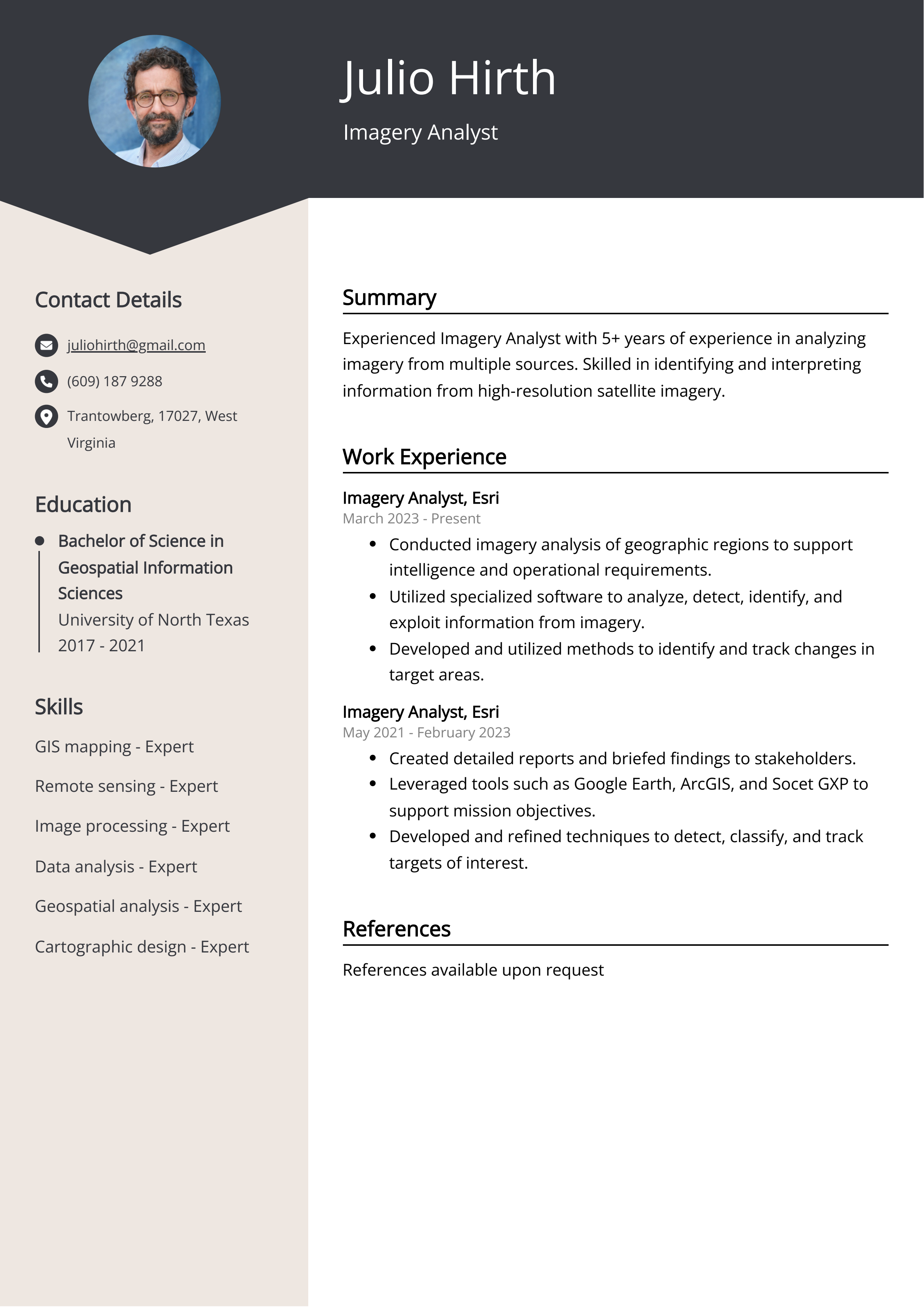 Imagery Analyst CV Example