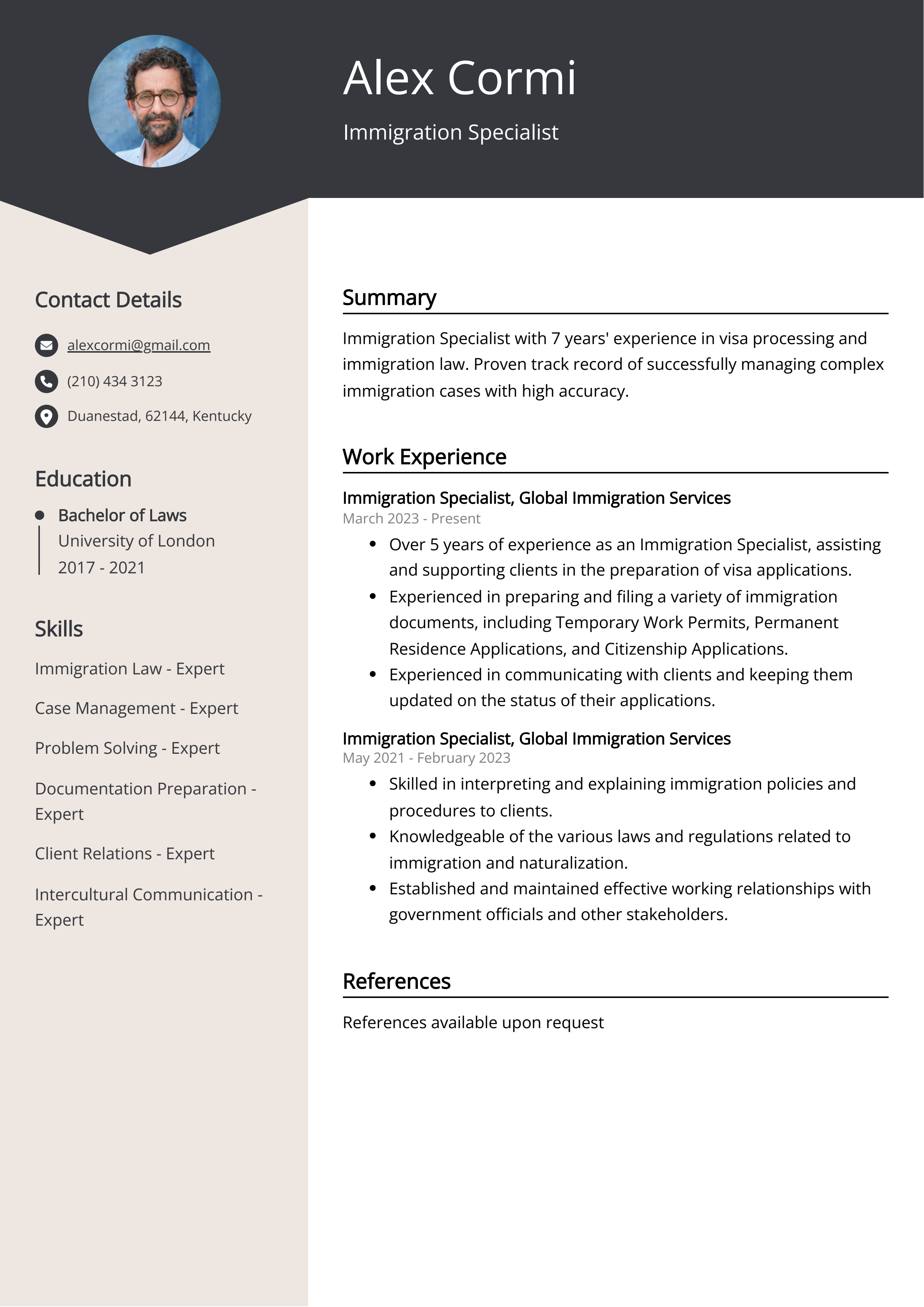 Immigration Specialist CV Example