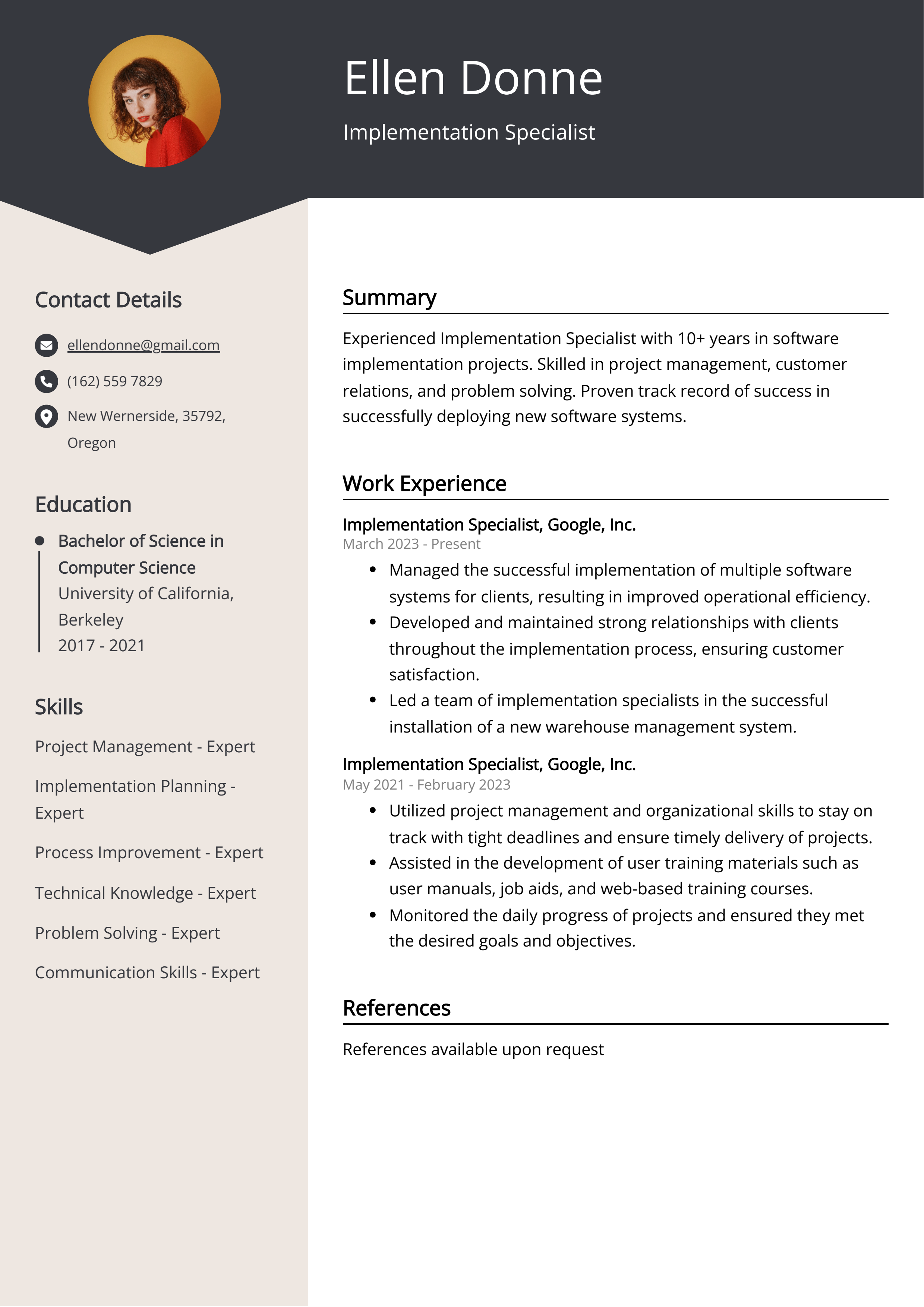 Implementation Specialist CV Example