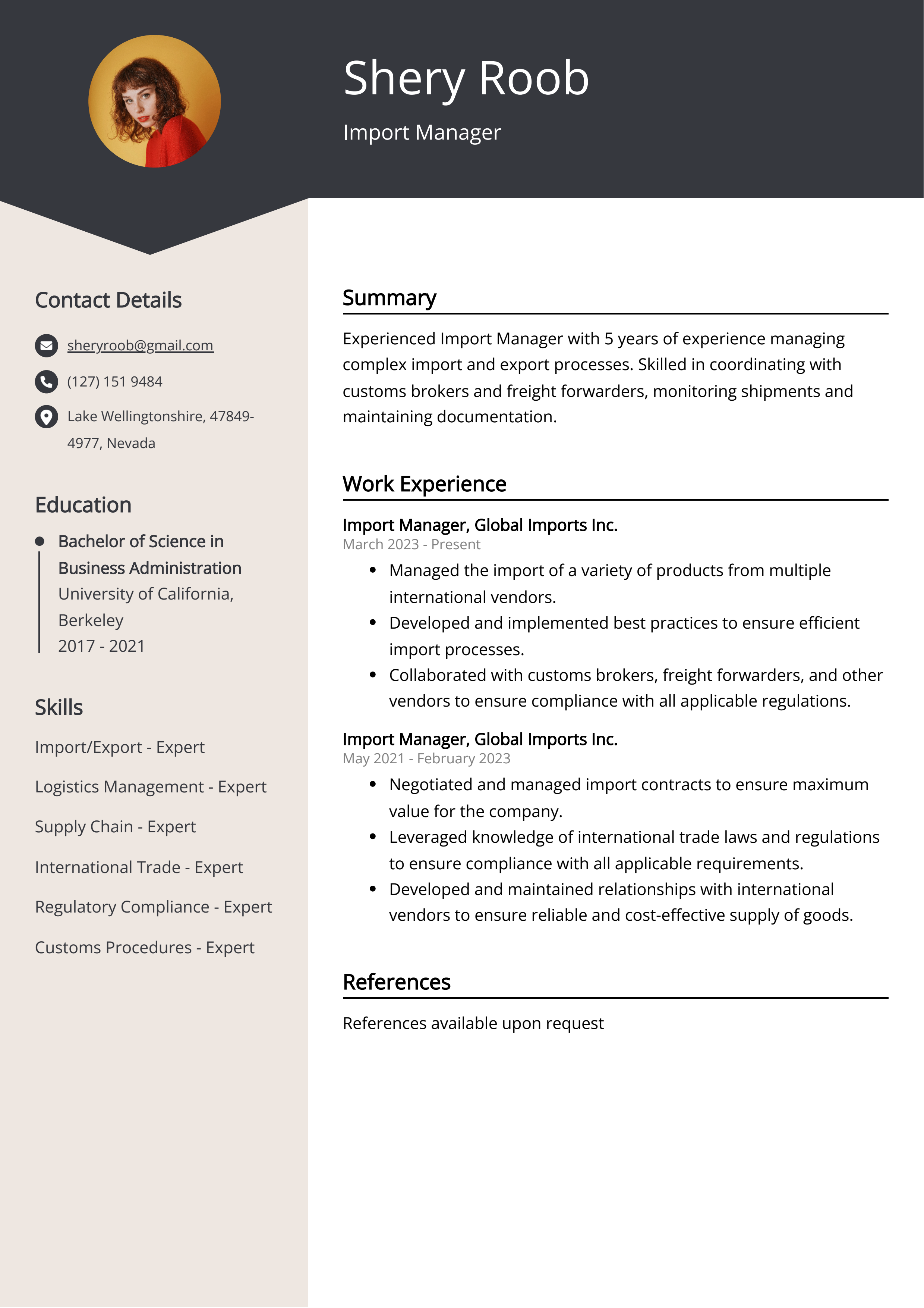 Import Manager CV Example