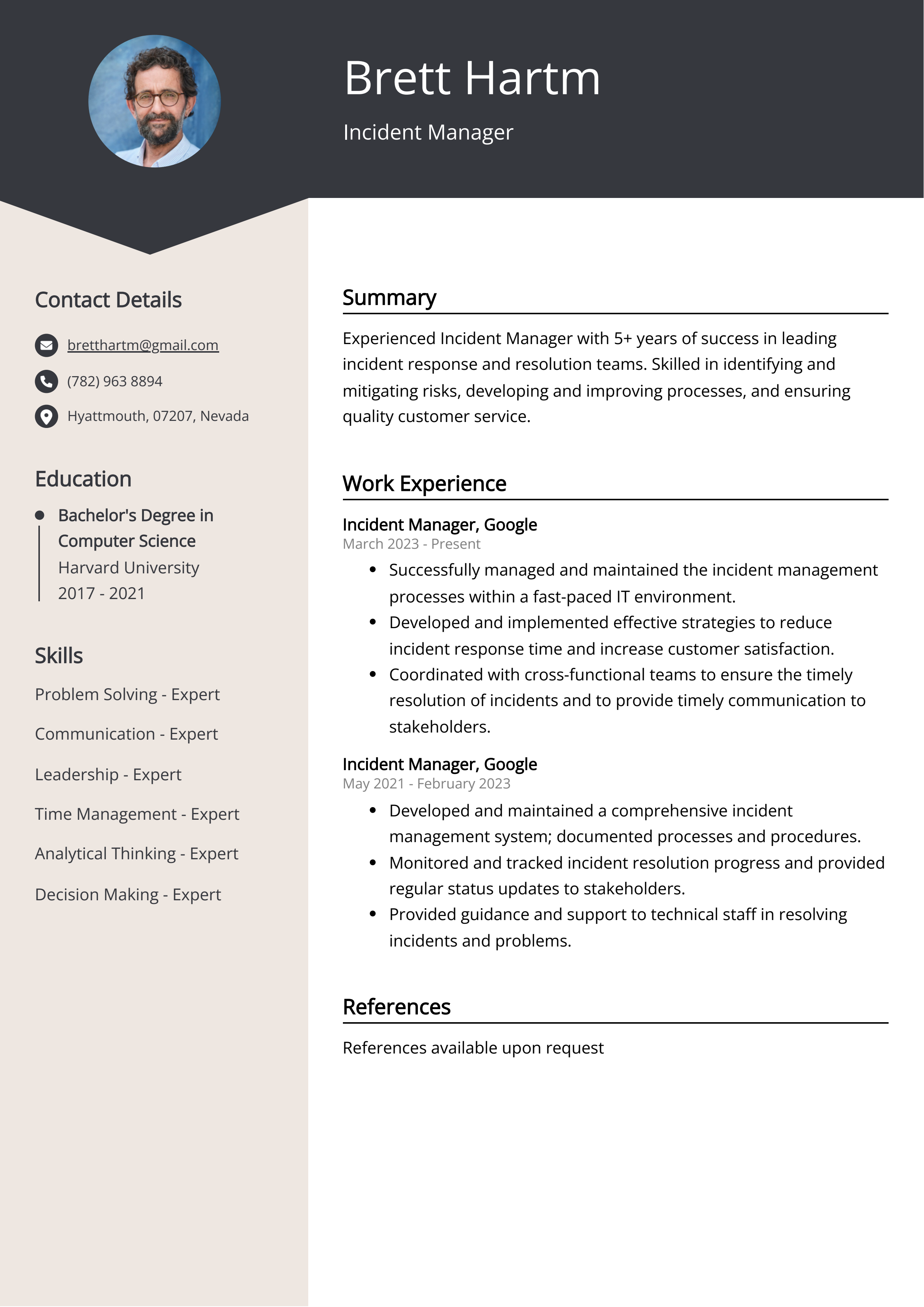 Incident Manager CV Example