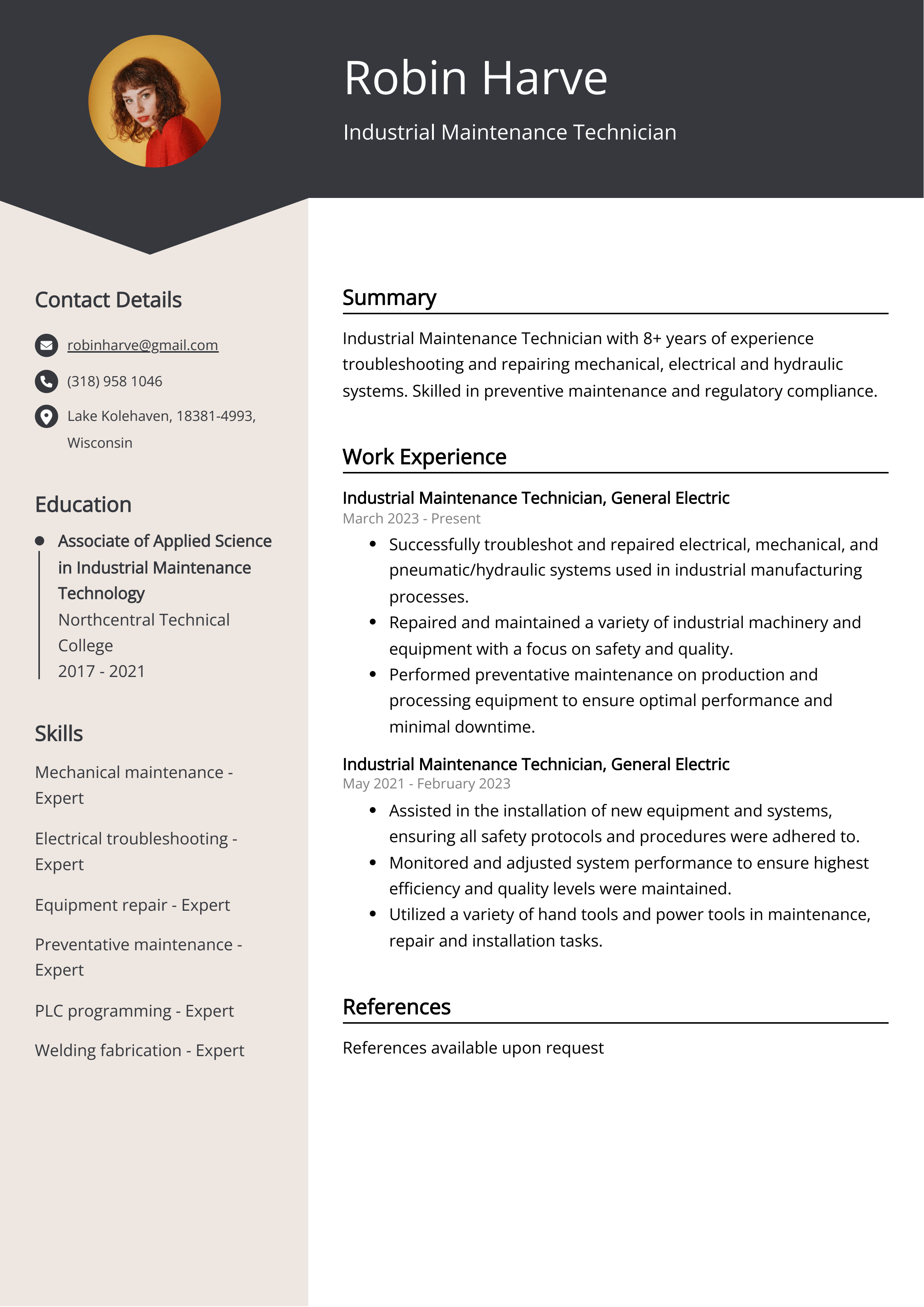 Industrial Maintenance Technician CV Example