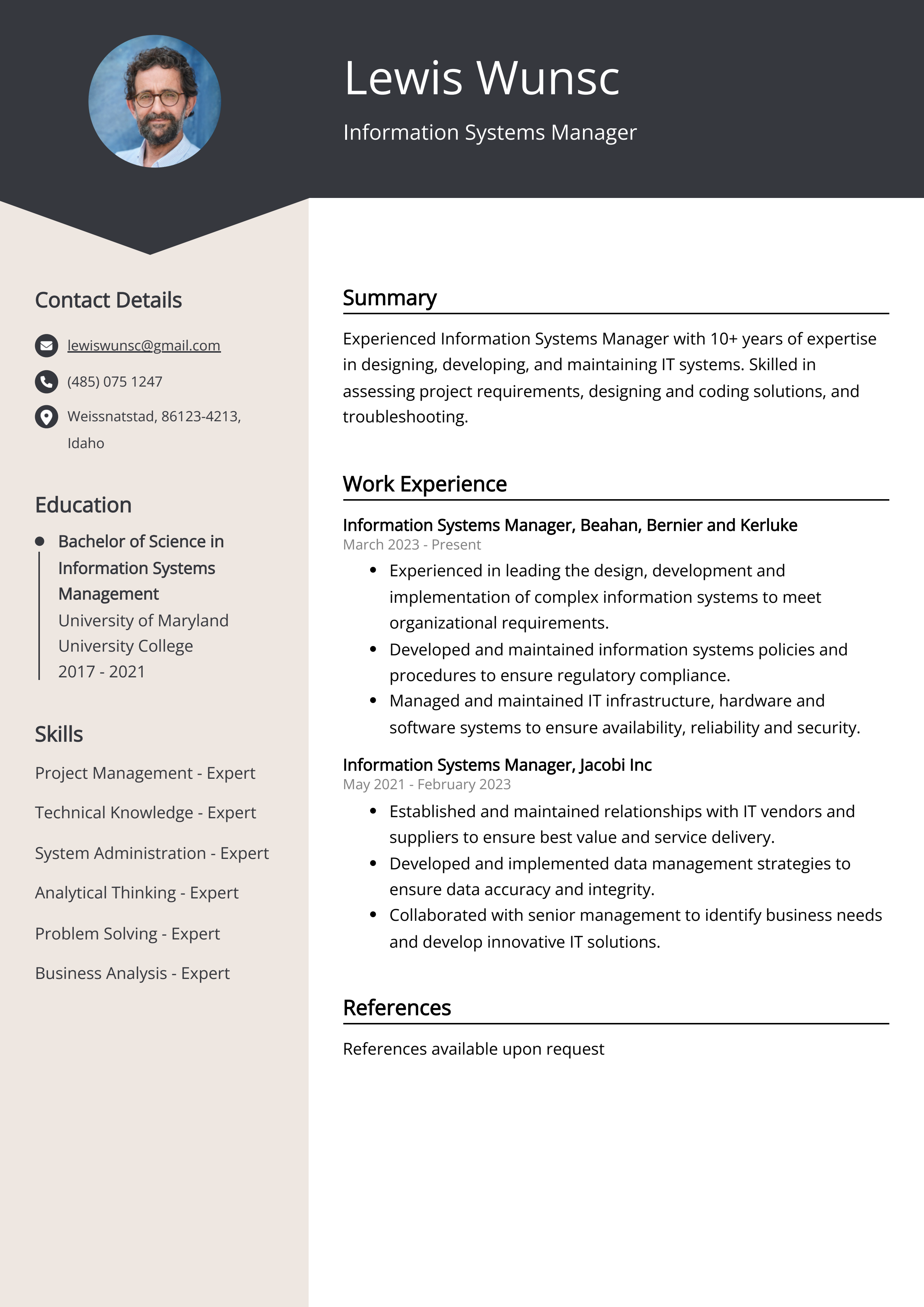 Information Systems Manager CV Example