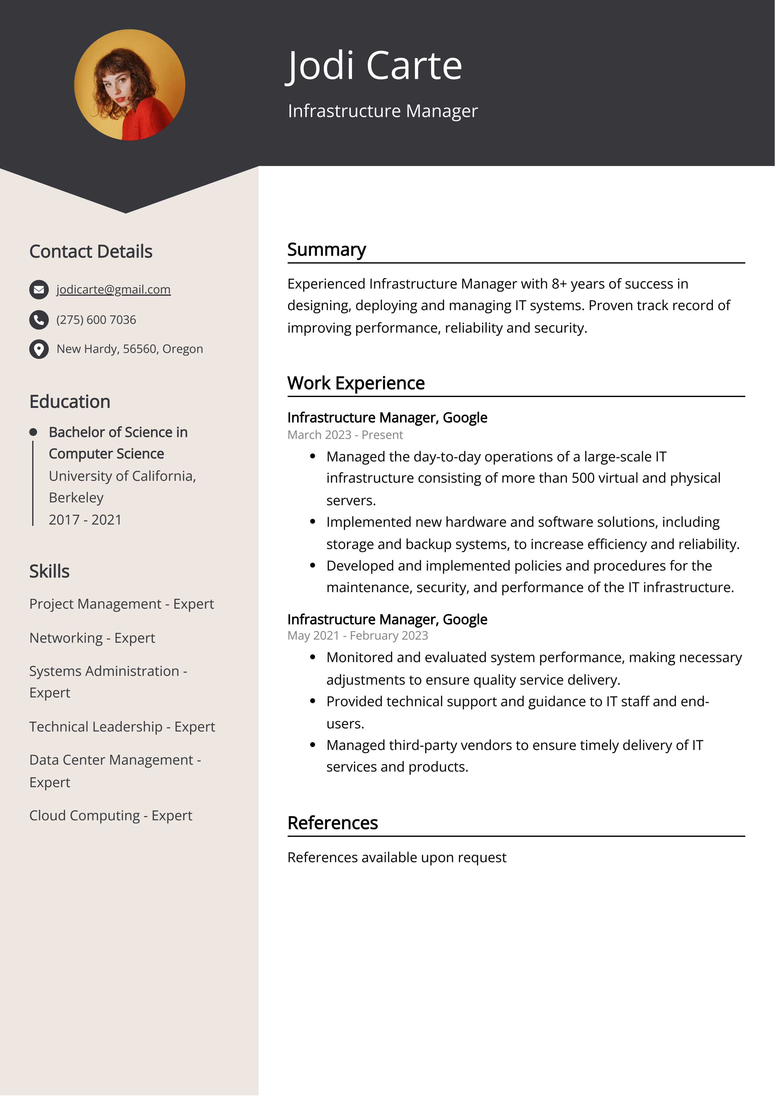 Infrastructure Manager CV Example