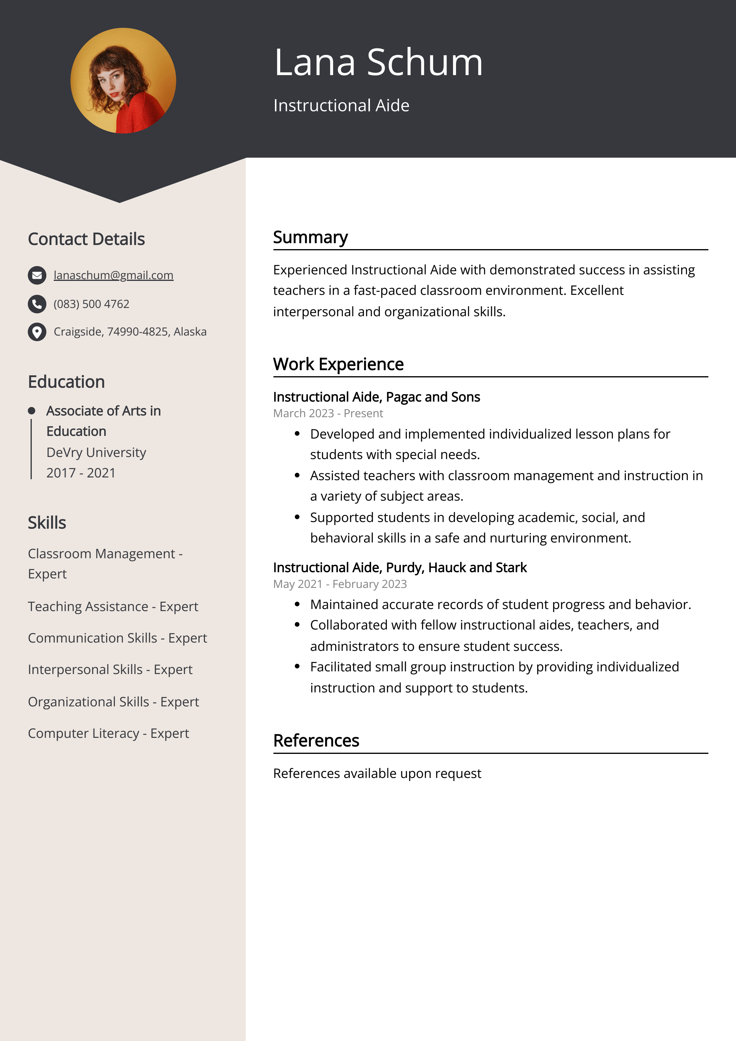 Instructional Aide CV Example